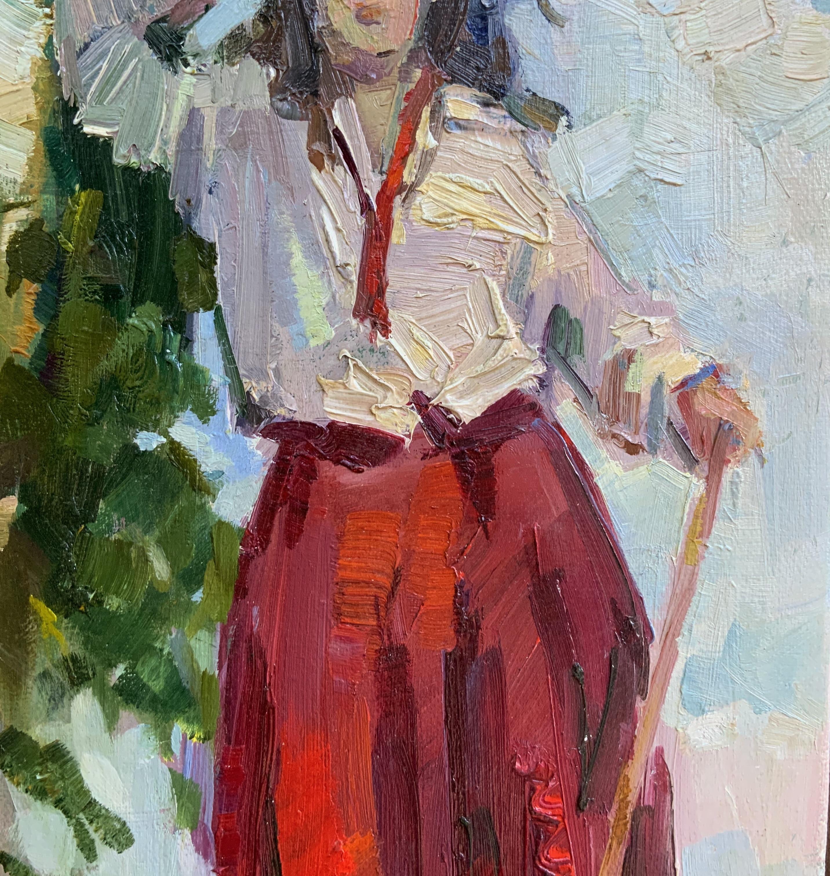 Repos. Peinture figurative, chaleur estivale, jupe rouge, bouleaux, vie rurale - Marron Figurative Painting par Daria Molostnova