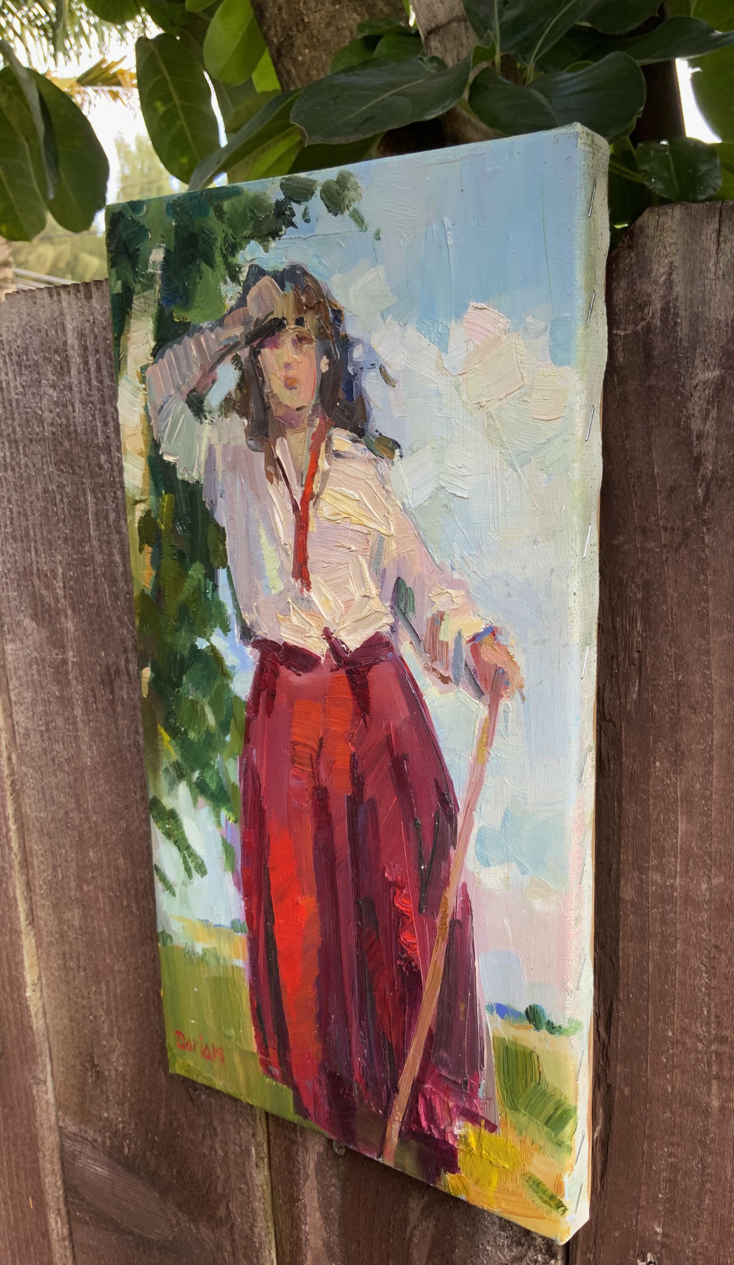 Cette pièce a été peinte à l'origine à partir d'un modèle vivant. Plus tard, l'esquisse s'est transformée en une composition thématique autonome. Une jeune fille en jupe rouge se redresse un court instant dans les hautes herbes d'été, essuyant la