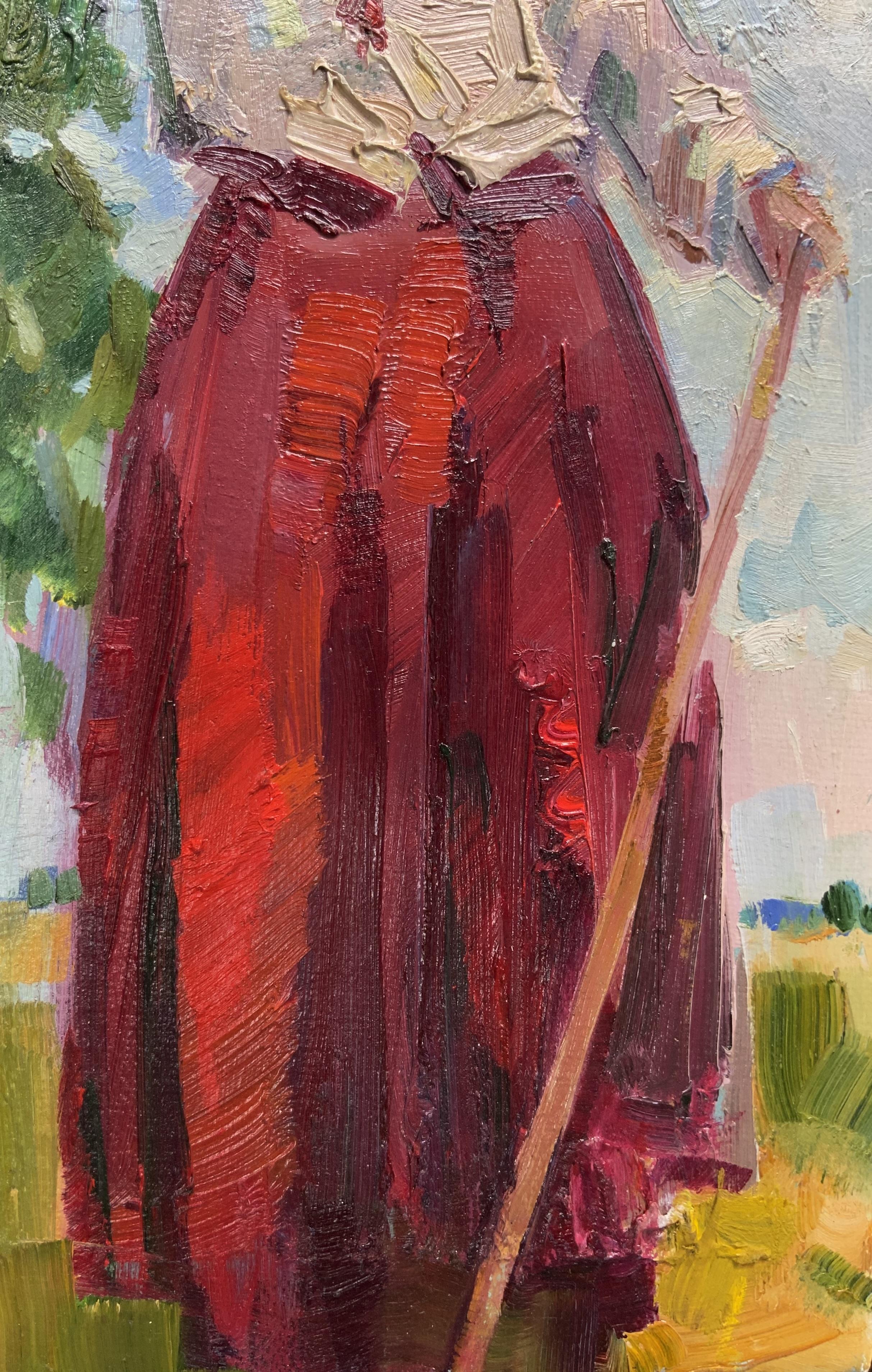 Repos. Peinture figurative, chaleur estivale, jupe rouge, bouleaux, vie rurale en vente 1