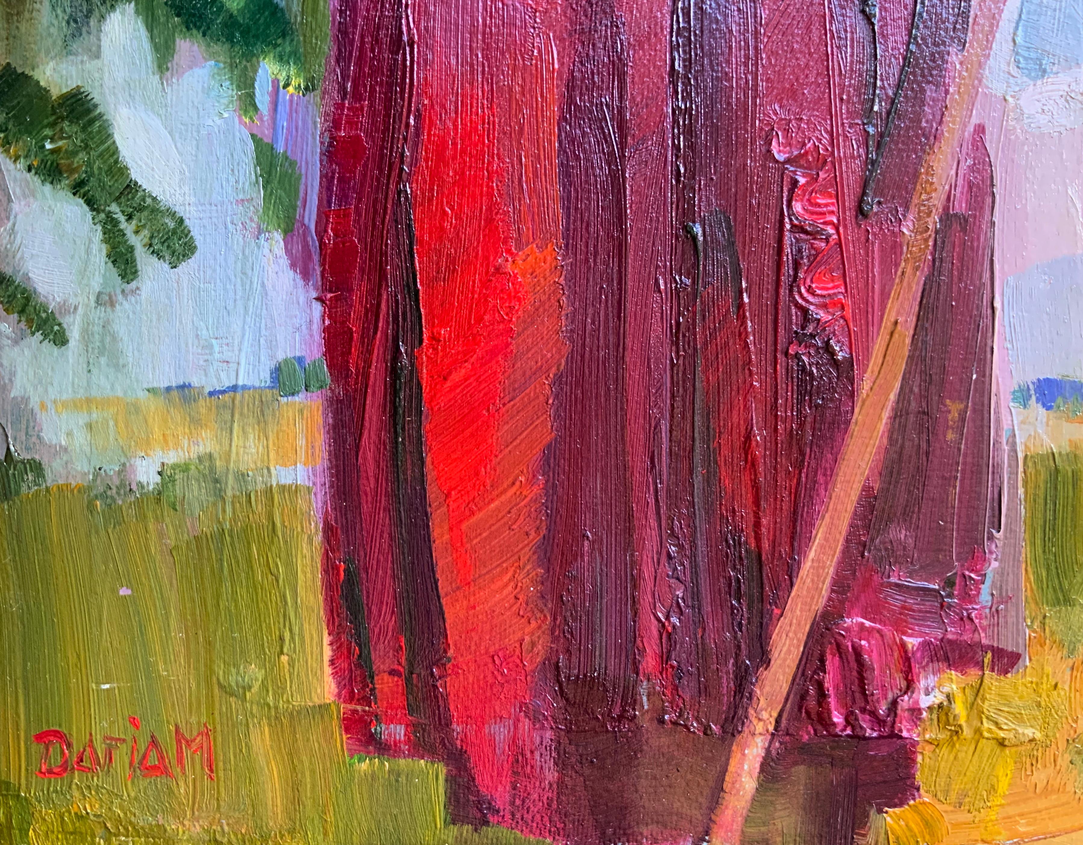 Repos. Peinture figurative, chaleur estivale, jupe rouge, bouleaux, vie rurale en vente 2