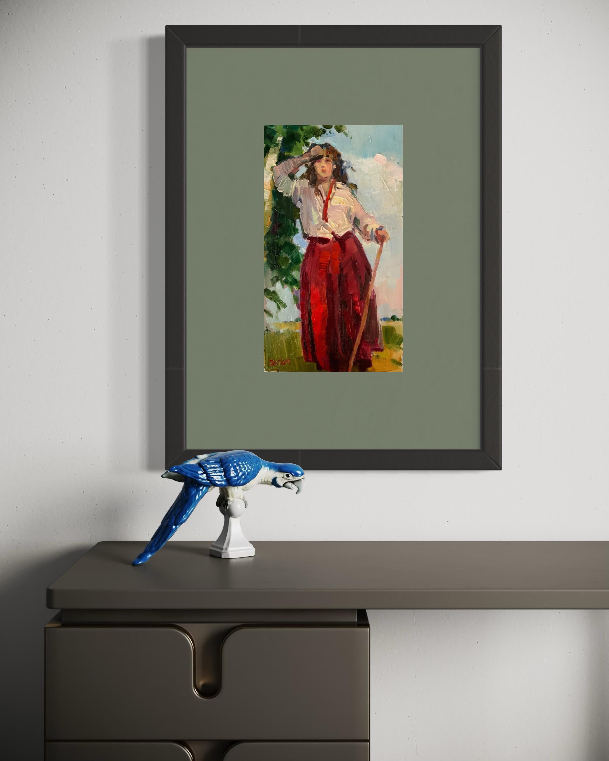 Repos. Peinture figurative, chaleur estivale, jupe rouge, bouleaux, vie rurale en vente 4