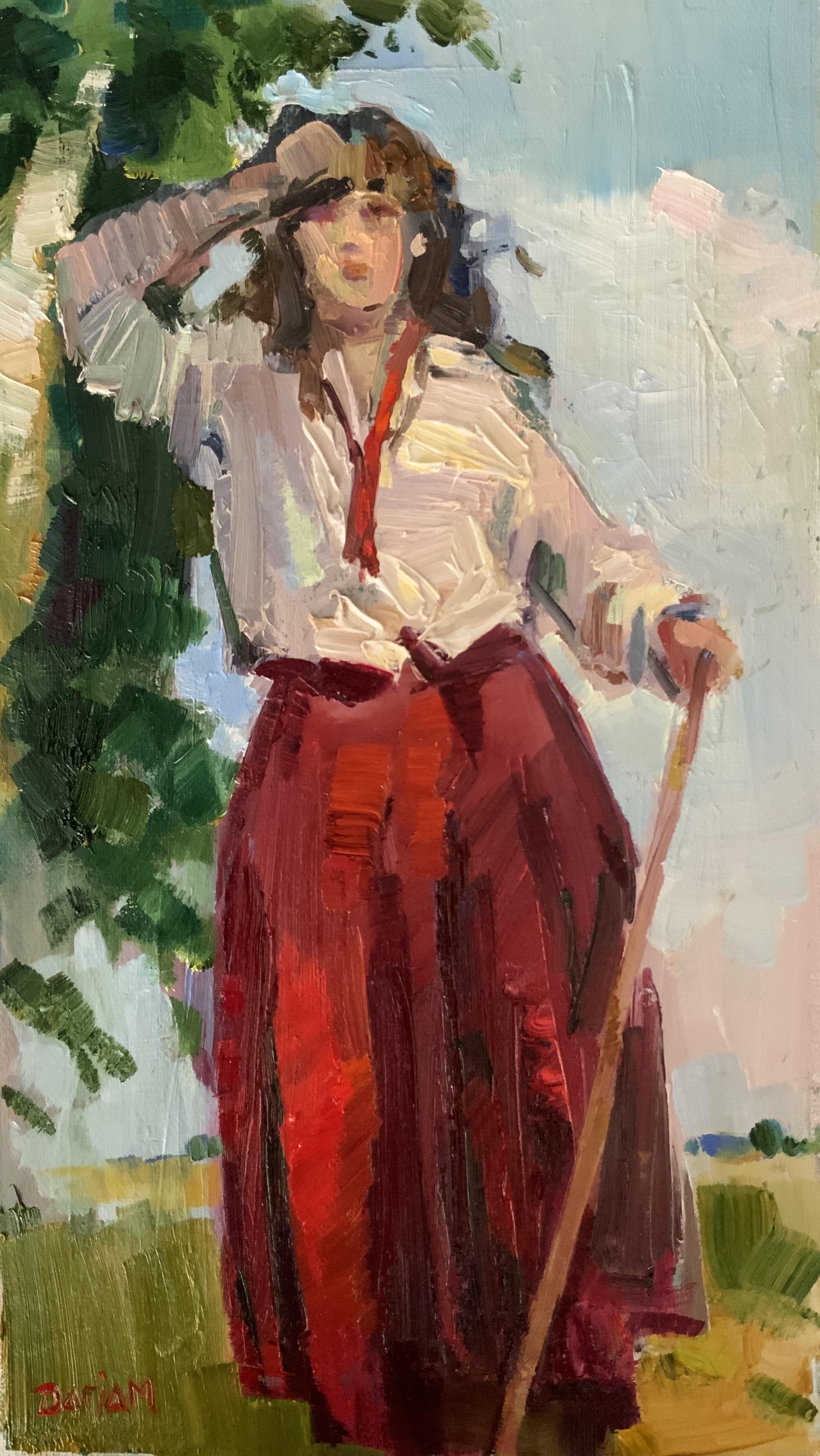 Figurative Painting Daria Molostnova - Repos. Peinture figurative, chaleur estivale, jupe rouge, bouleaux, vie rurale