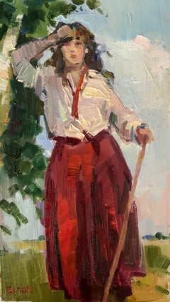 Repos. Peinture figurative, chaleur estivale, jupe rouge, bouleaux, vie rurale