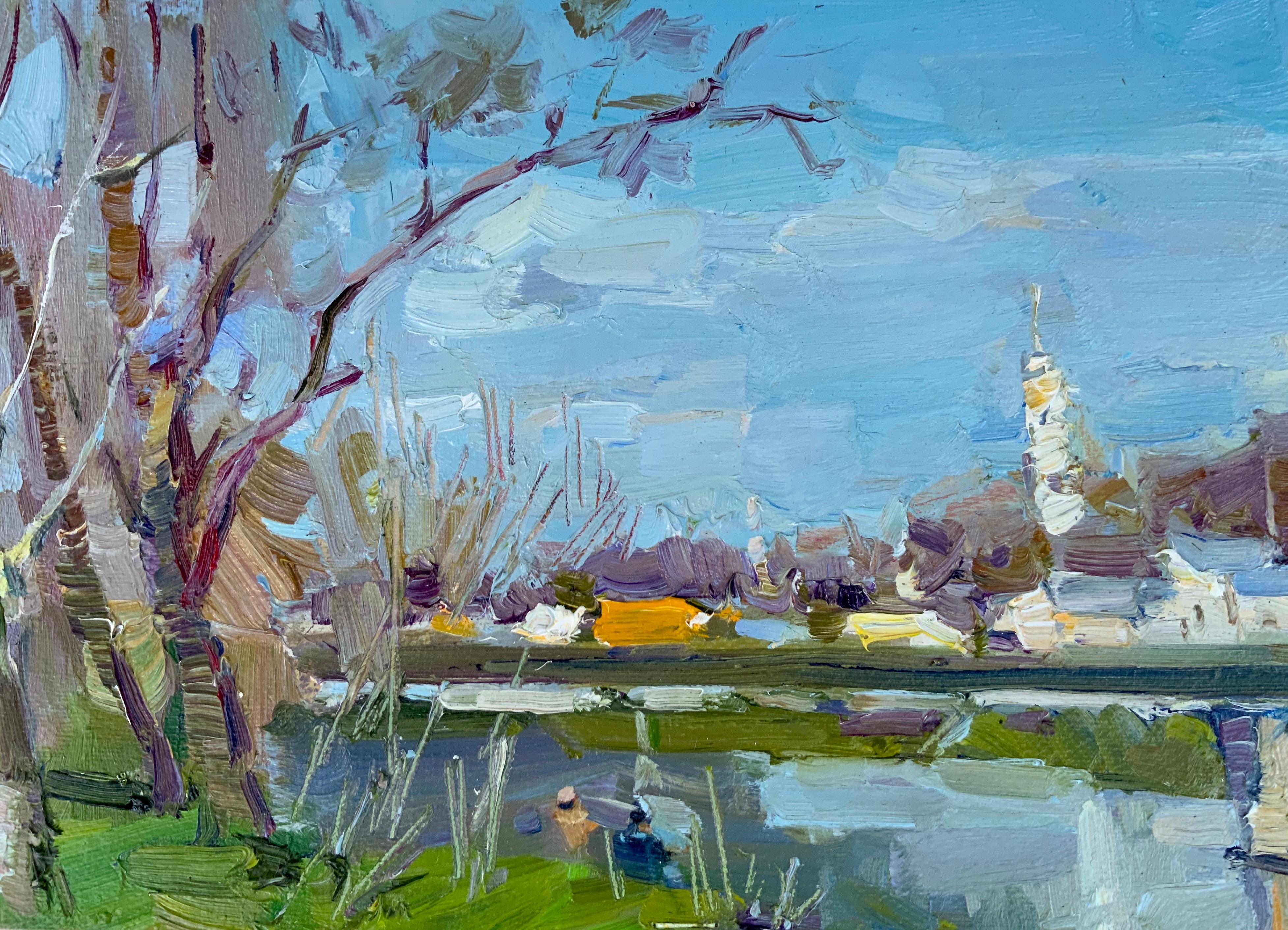 Spring Fishing - Blue Landscape Painting by Daria Molostnova