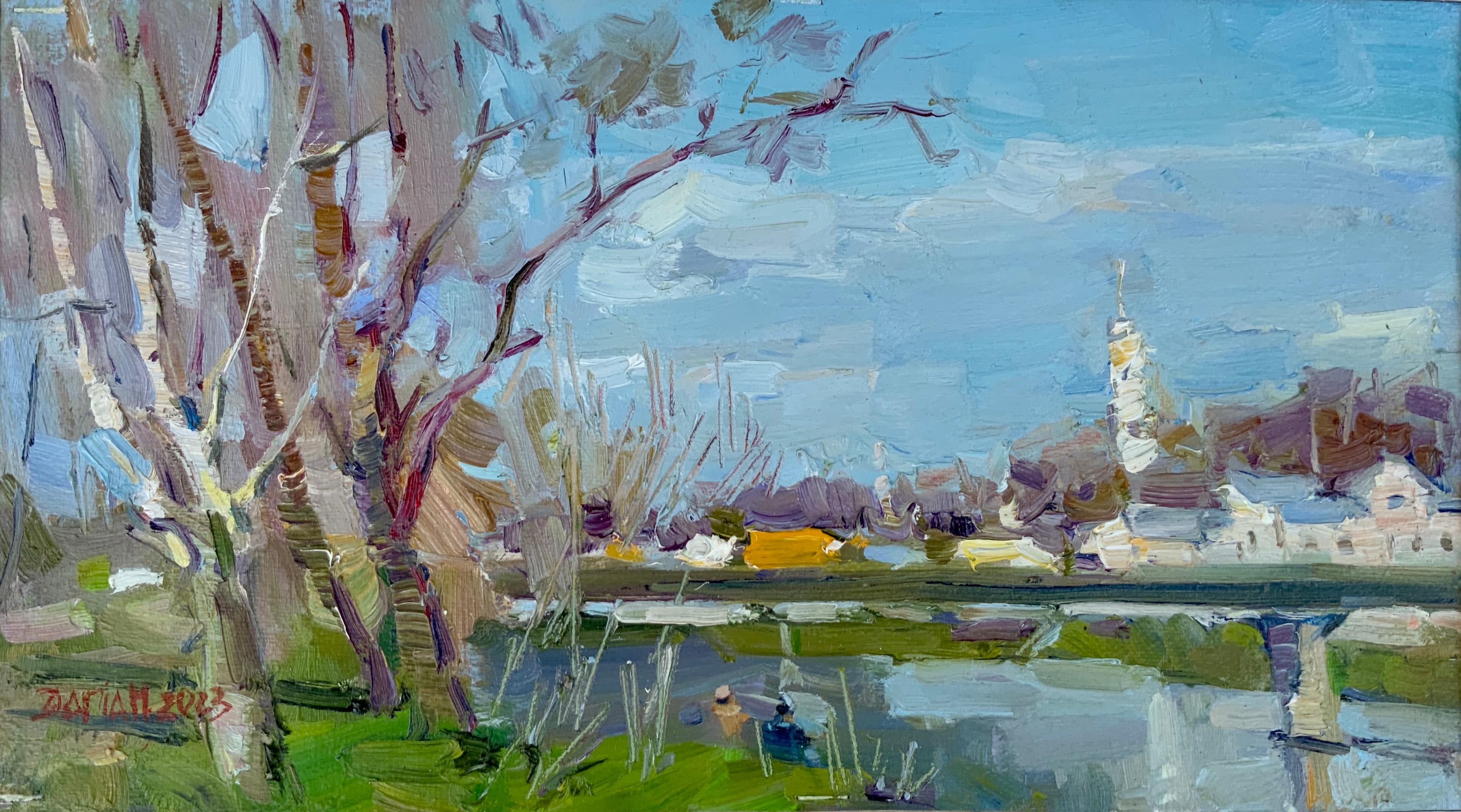 Daria Molostnova Landscape Painting - Spring Fishing