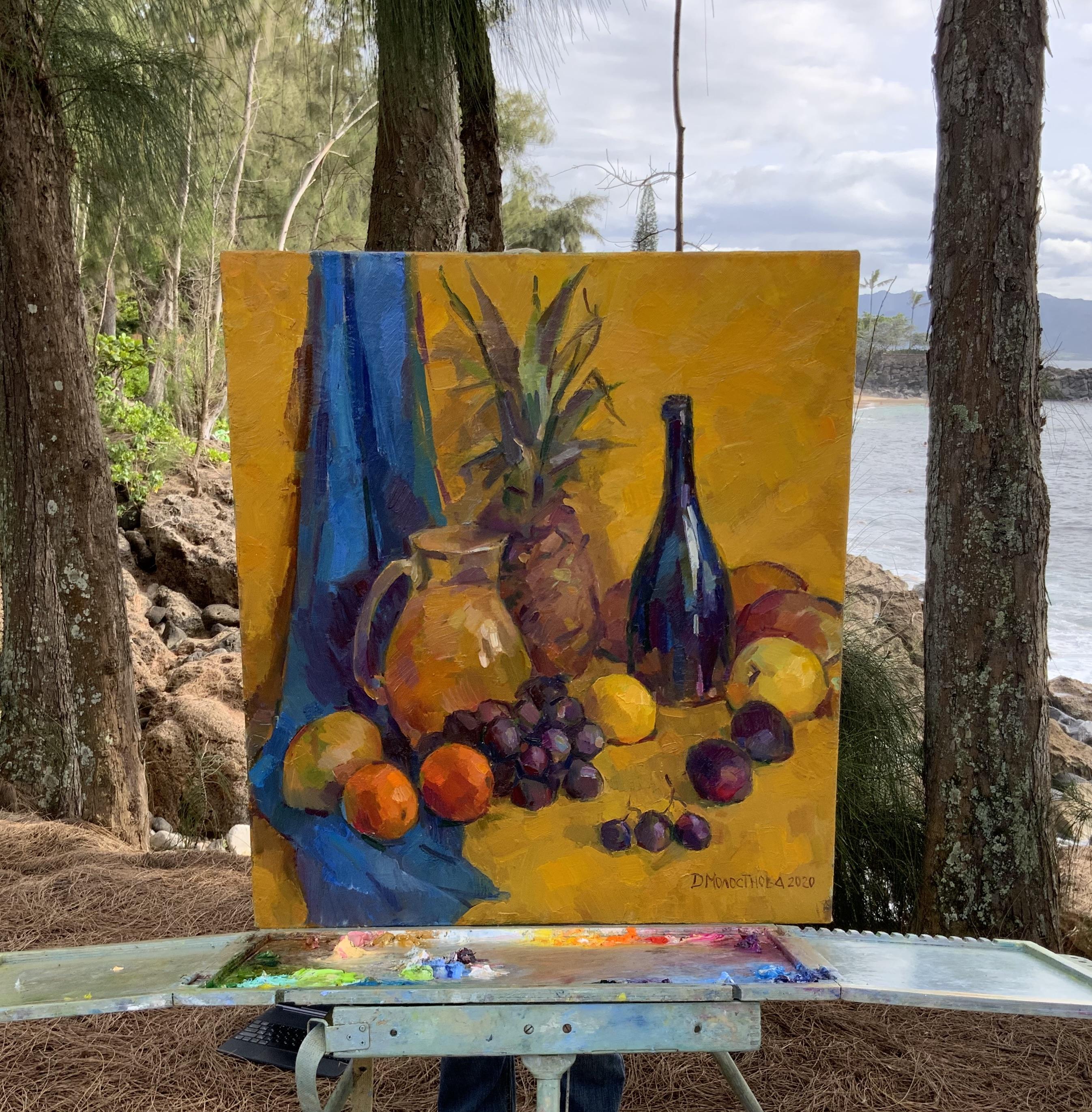Stilleben mit Ananas. Tropische Früchte, lebendige Palette, reiche Textur. – Painting von Daria Molostnova