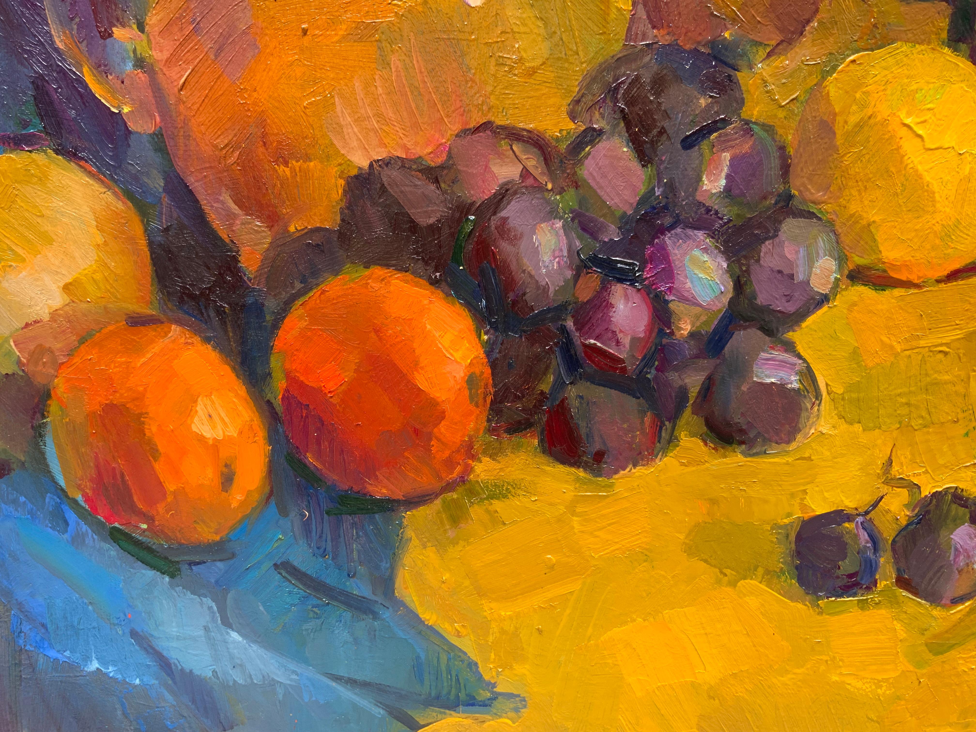 Stilleben mit Ananas. Tropische Früchte, lebendige Palette, reiche Textur. (Braun), Still-Life Painting, von Daria Molostnova