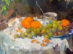 Sunlit Table. Fruit still life, mandarin oranges, grapes, sunlight, kitchen art