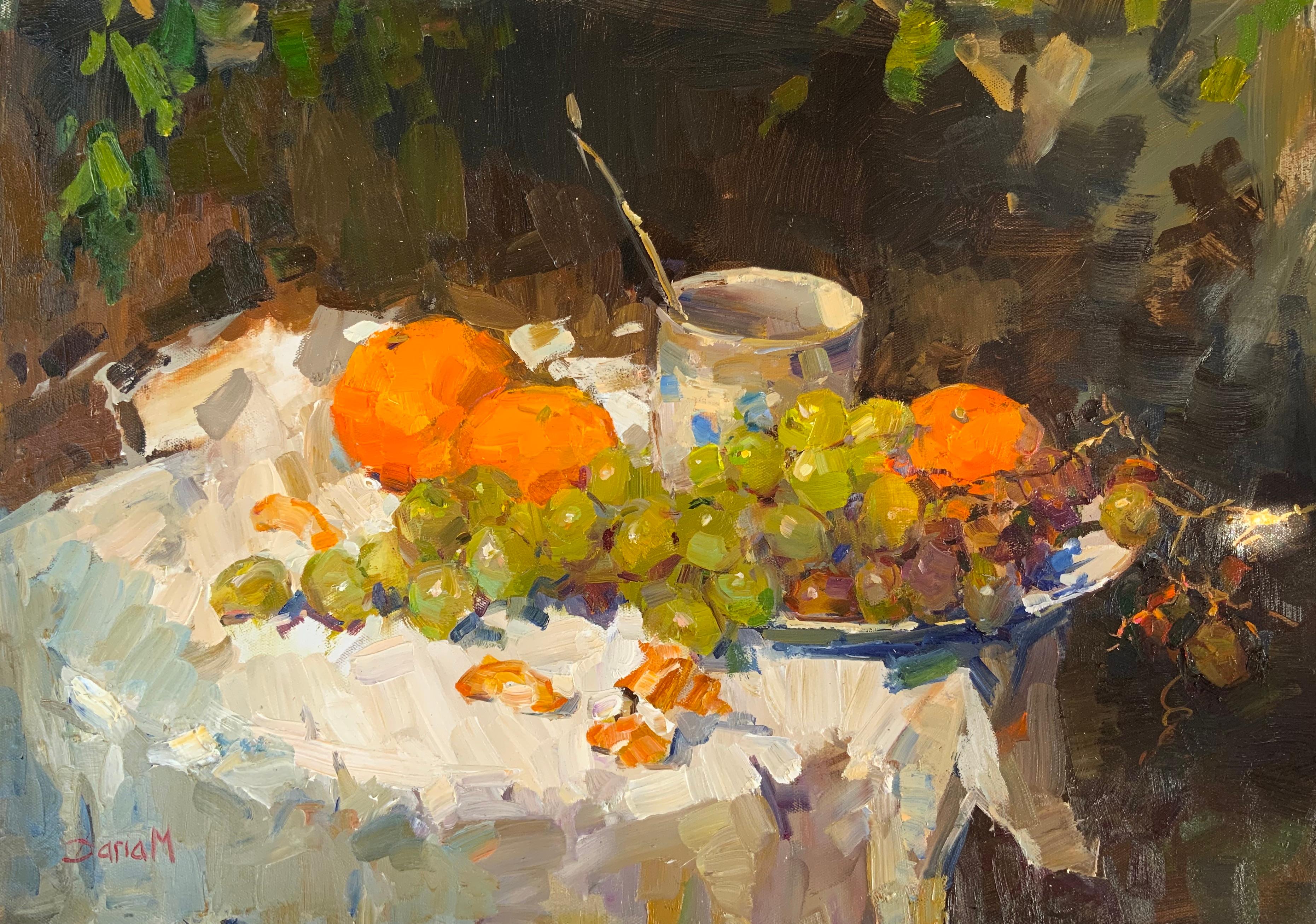 Daria Molostnova Still-Life Painting - Sunlit Table. Fruit still life, mandarin oranges, grapes, sunlight, kitchen art