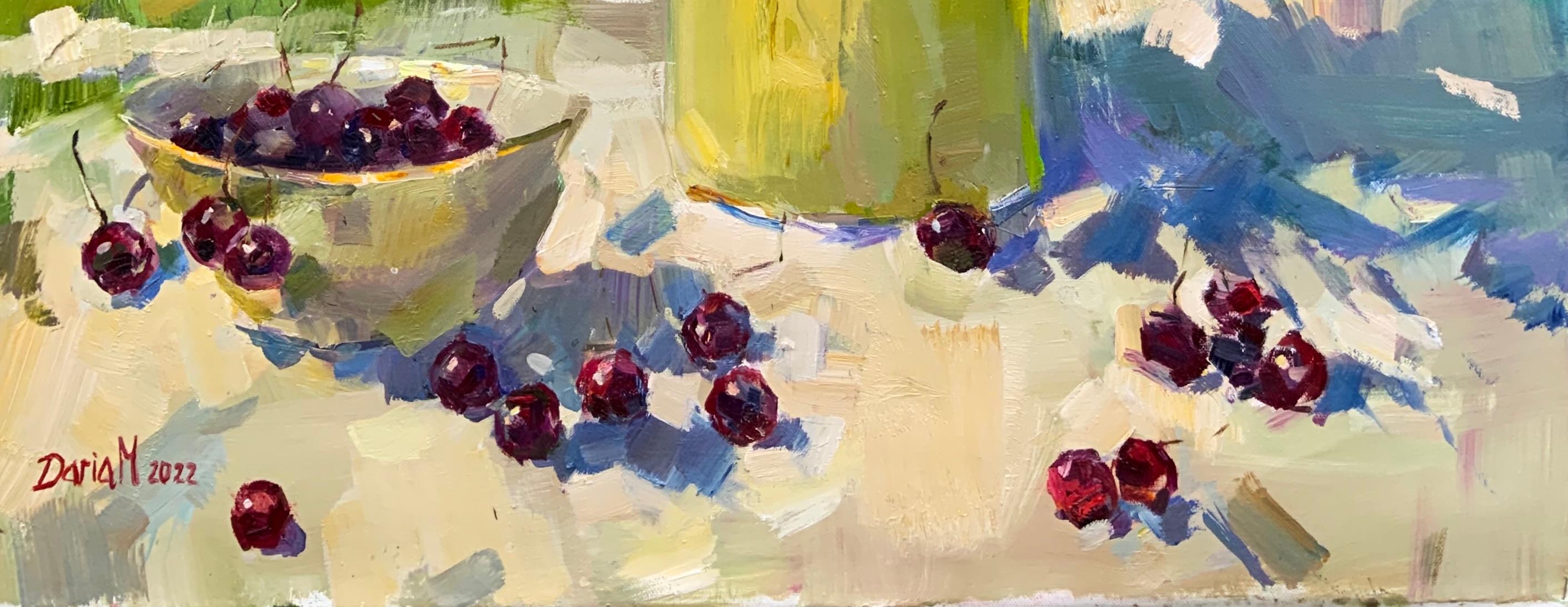 Sunny Day. Bouquet and Cherries (Grau), Still-Life Painting, von Daria Molostnova