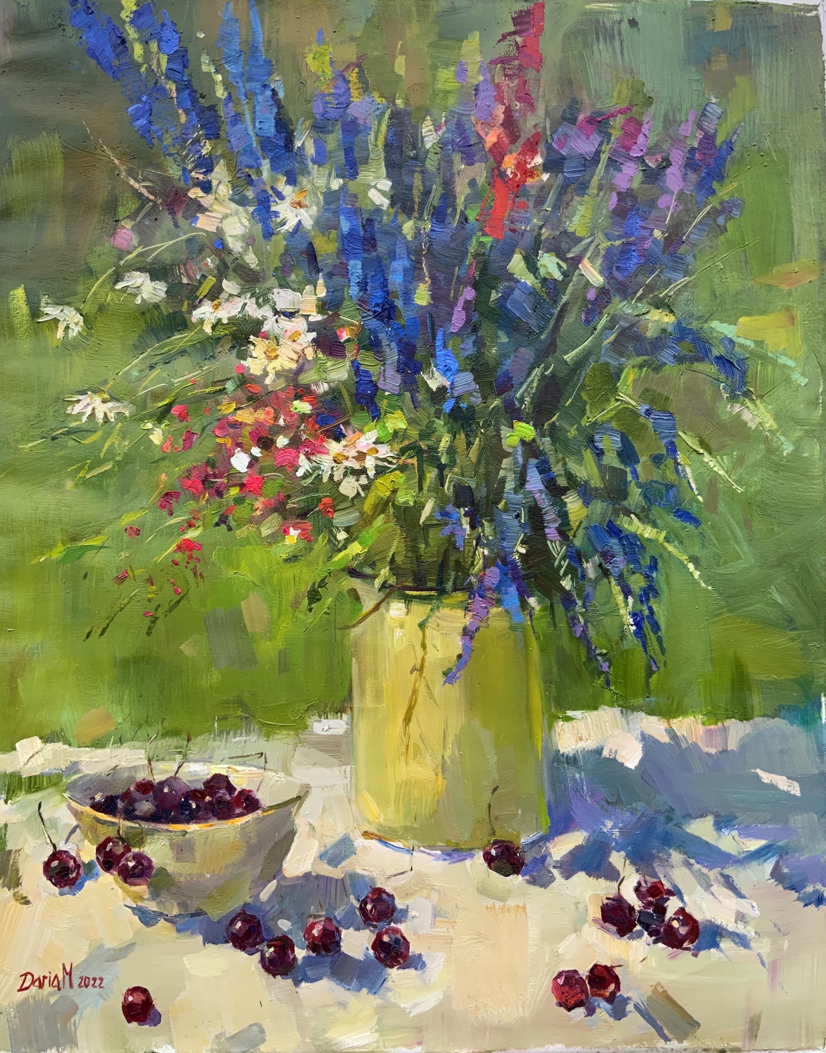 Daria Molostnova Still-Life Painting – Sunny Day. Bouquet and Cherries
