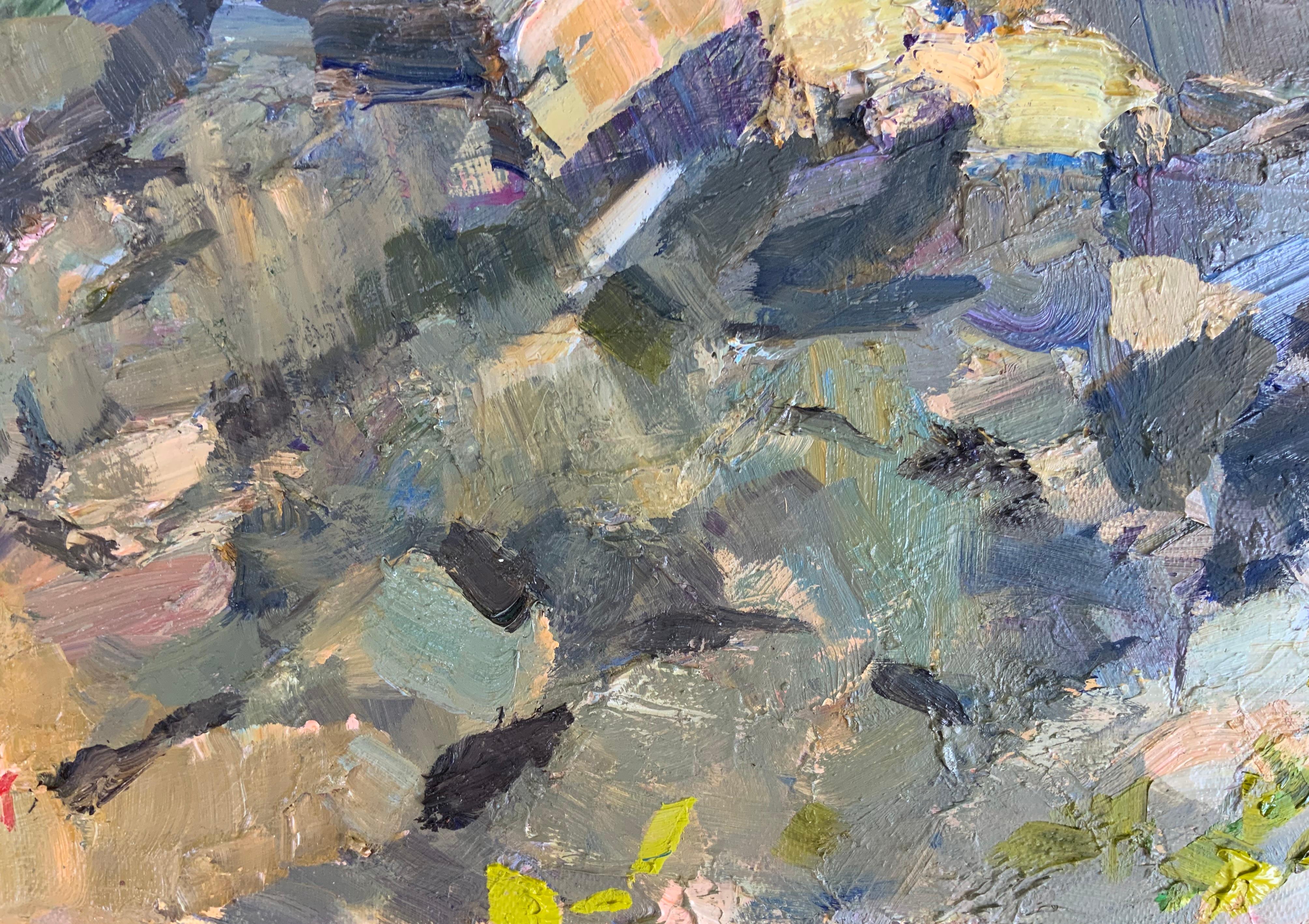 Sonnenuntergang Licht auf dem Felsen (Post-Impressionismus), Painting, von Daria Molostnova