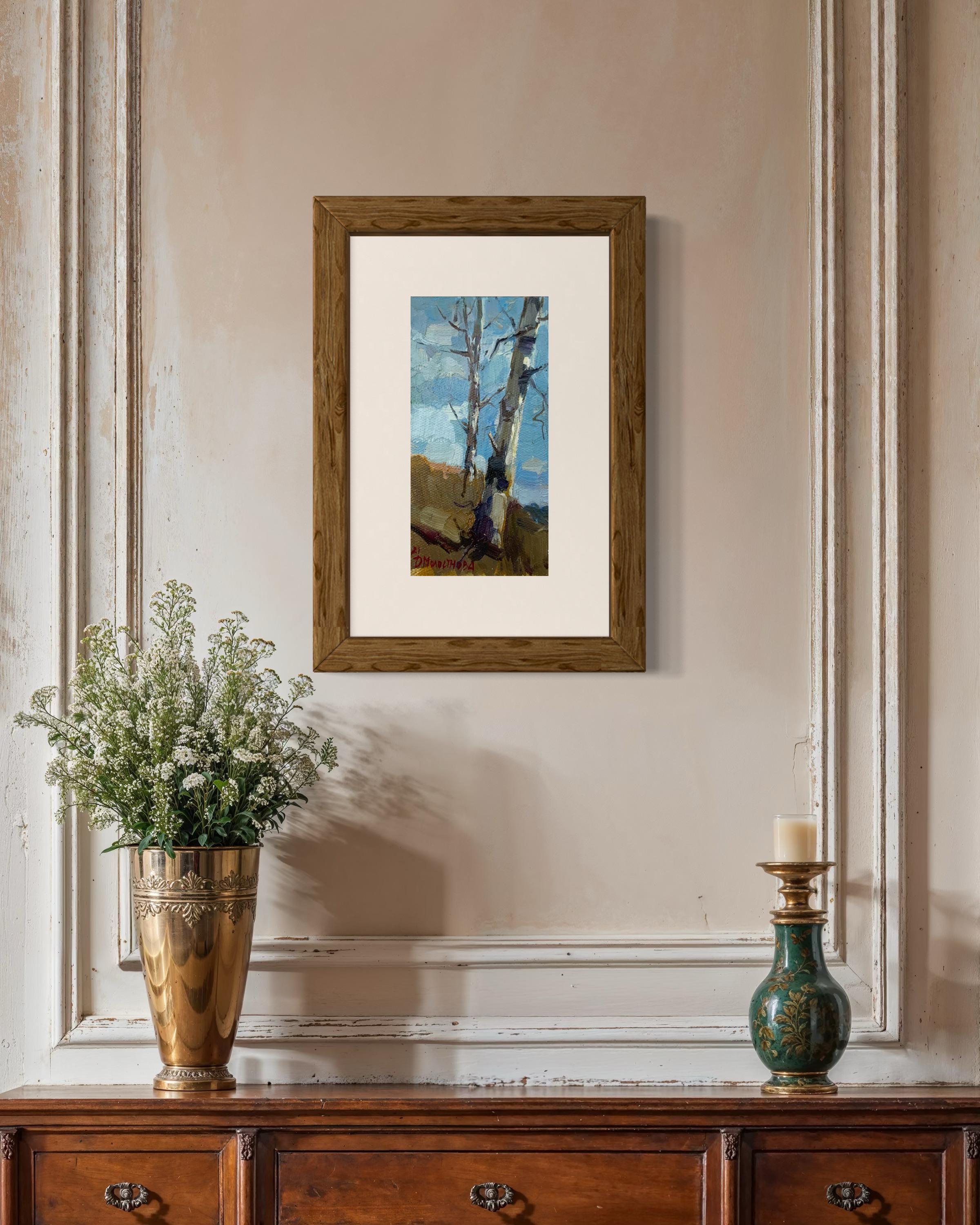 autumn landscape, minimalist painting, late fall, birch trees, small painting, American artist

This small plein air work was painted in late autumn. In the foreground lies a gentle slope covered with yellowed grass, with two slender birch trunks