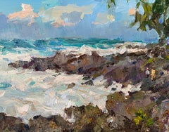 White Tempest. Hawaiian seascape, white waves, rocky coast, plein air