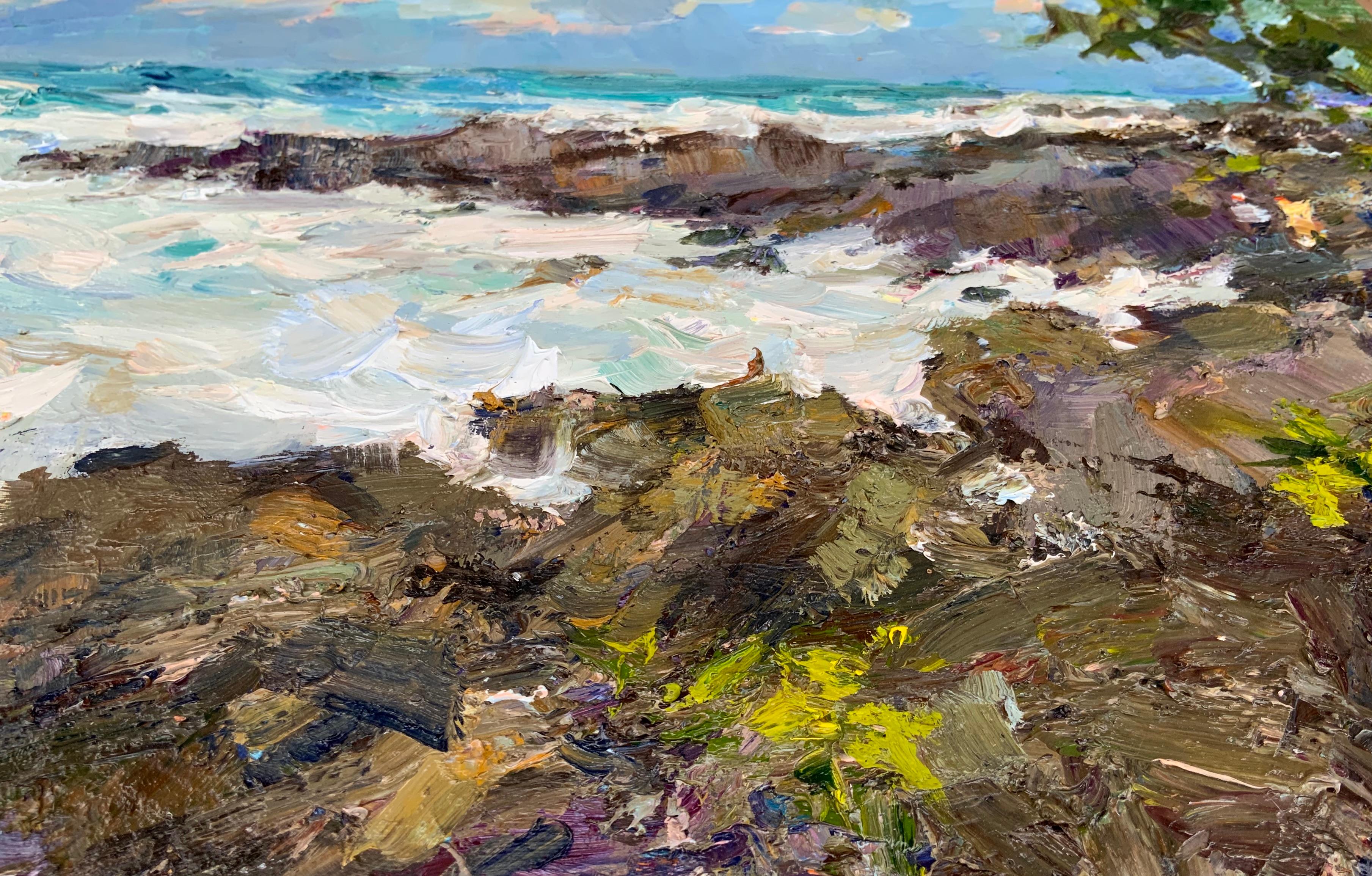 This painting was created during the winter storm season on the North Shore of Oahu. On days like this, the ocean turns almost entirely white from the foam - it looks like snow, and only in the distance do green waves reveal that it’s water. 
People