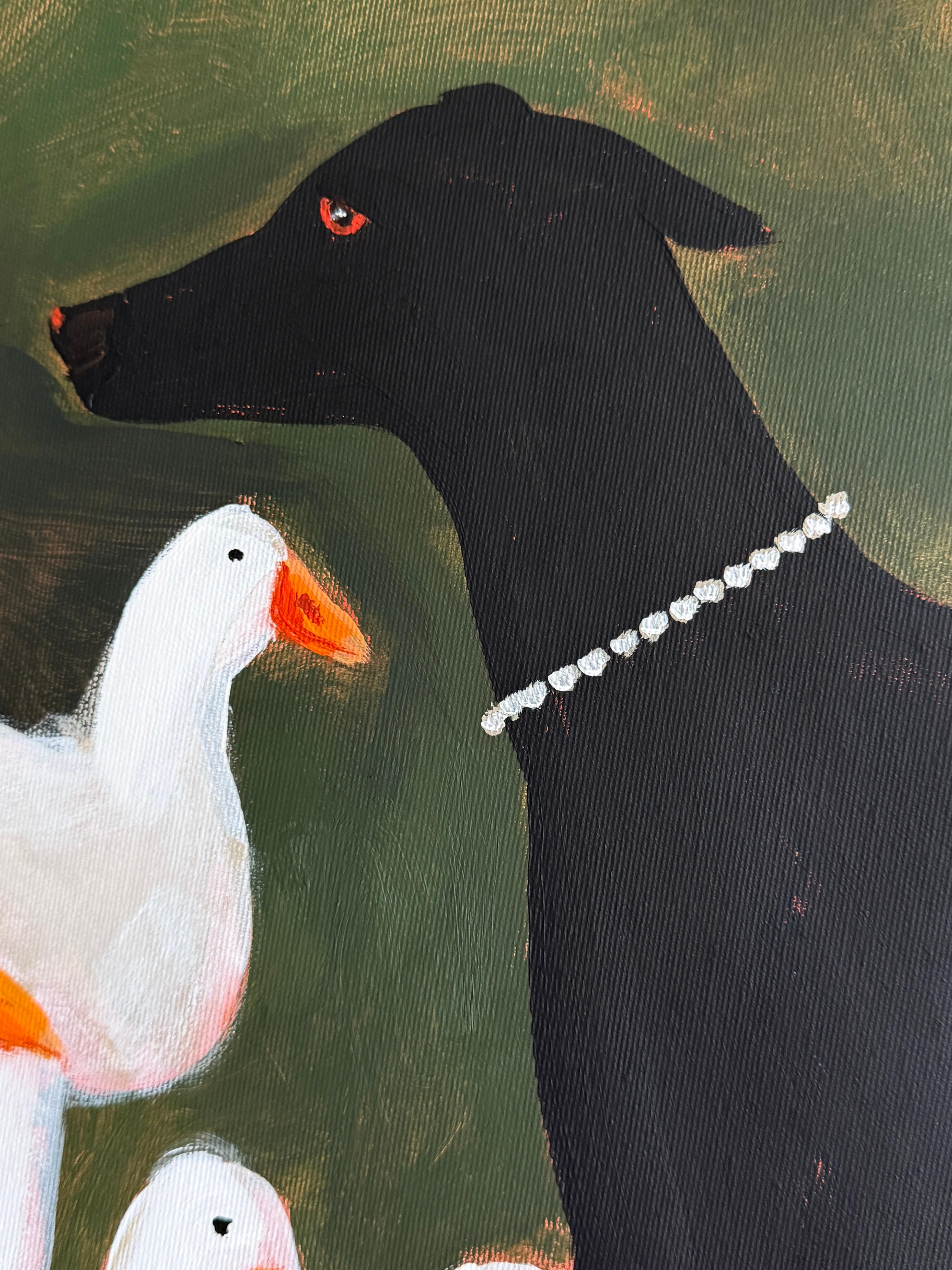 Among Them is about a calm that doesn’t depend on surroundings.
The black dog stands among the white geese, not trying to blend in — simply being.
Its presence is quiet yet assured, a reminder of the dignity in staying true to oneself amid the