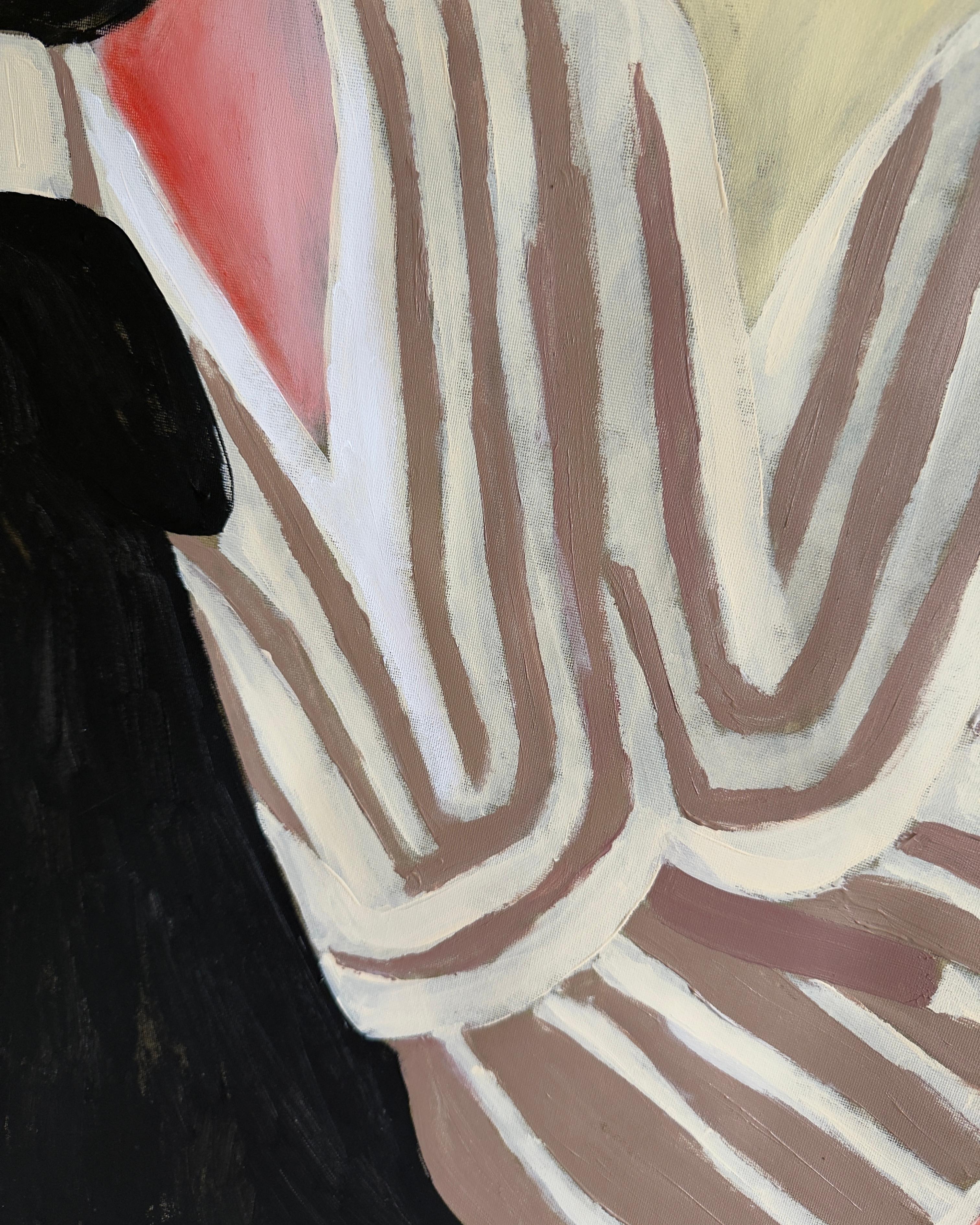 Daria stellt eine weibliche Figur dar, die in das warme Licht der Abendsonne getaucht ist. Sie ruht ruhig auf einem schwarzen Hund - einem Symbol für Stabilität und Ruhe - und hält ein Glas Wein in der Hand, eine Geste der einfachen, intimen Freude.