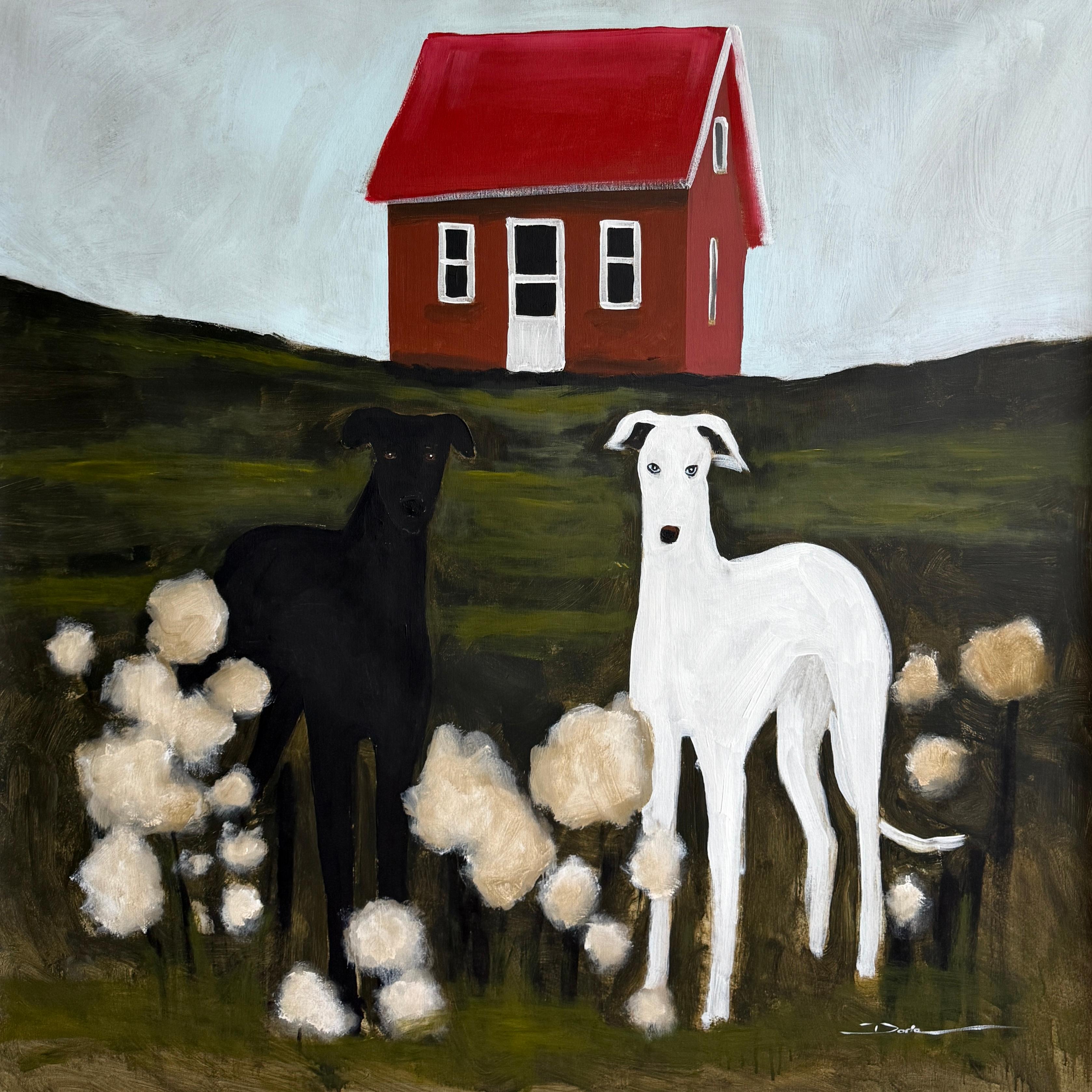 Homekeepers Painting of Dogs Before Red House, 90x90 cm, New Condition