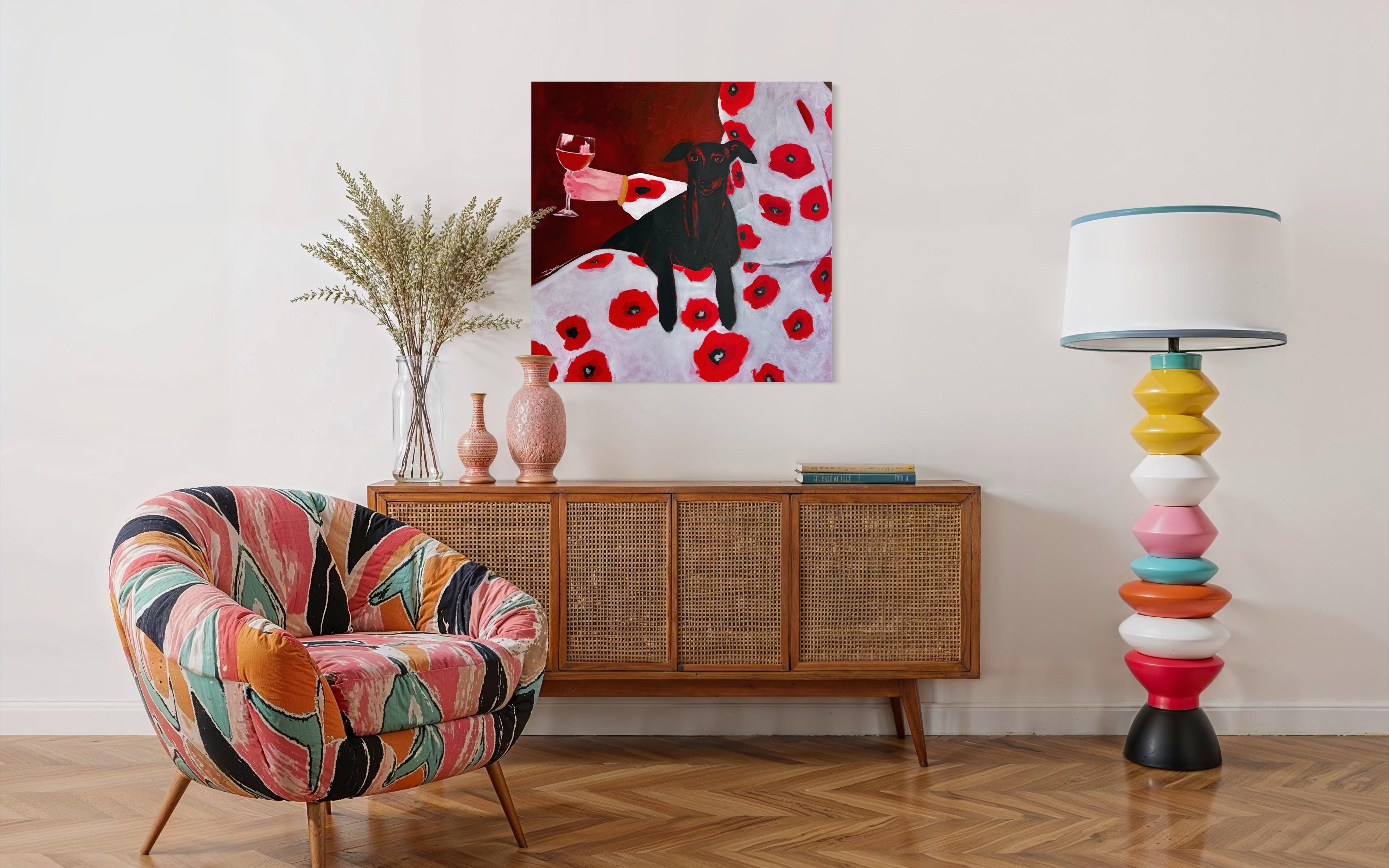 The black dog rests in quiet anticipation, as if already sensing the steps toward home, while the hand with a glass of wine insists on holding the moment a little longer. In this suspended pause, two truths intertwine: the calm of stability and the