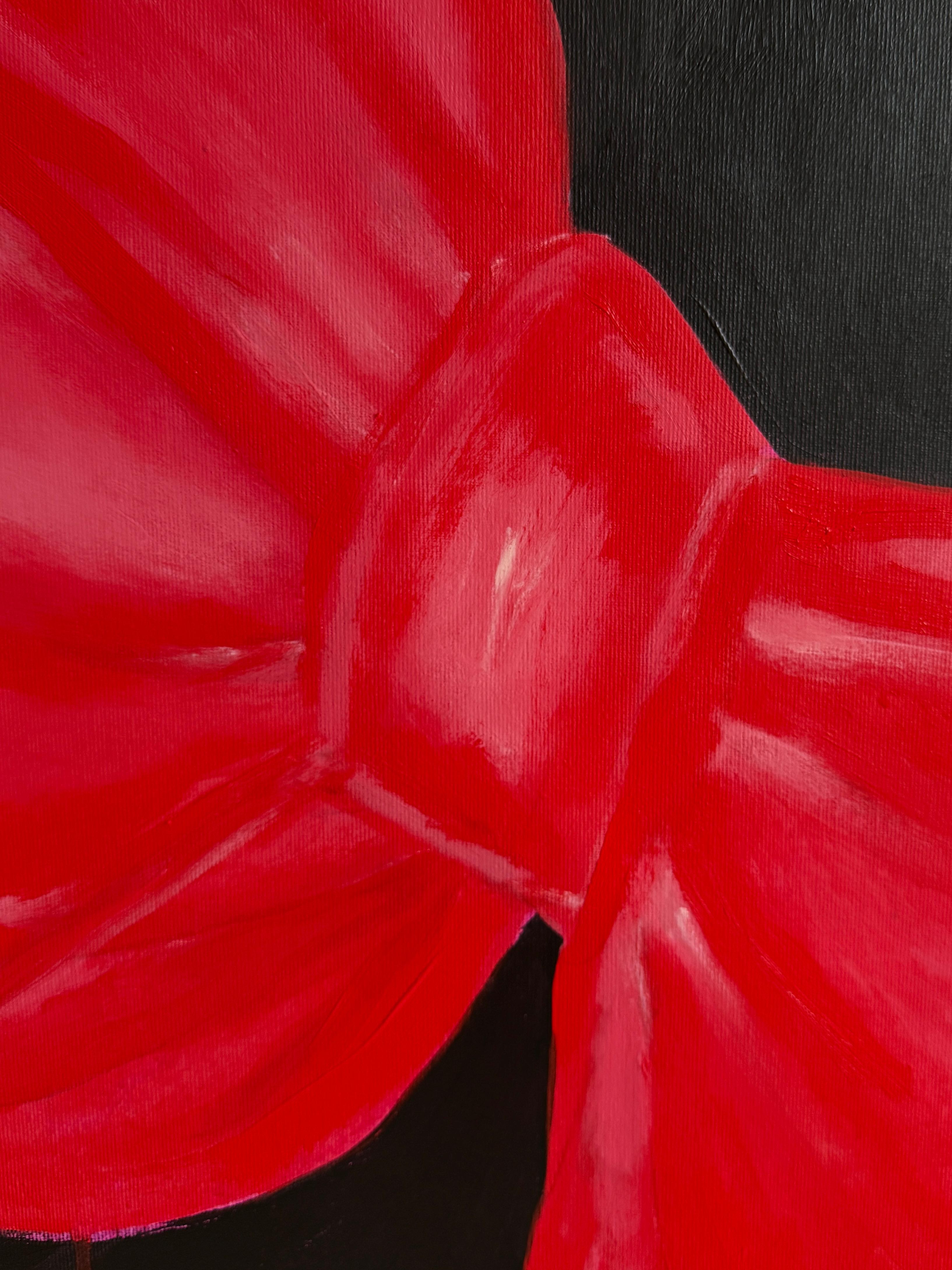 The black dog looks straight ahead — calm yet dignified — its presence unshaken beneath the weight of a vivid bow. This decorative, almost theatrical gesture speaks of boundaries and self-respect: not everything adorned is meant to belong to
