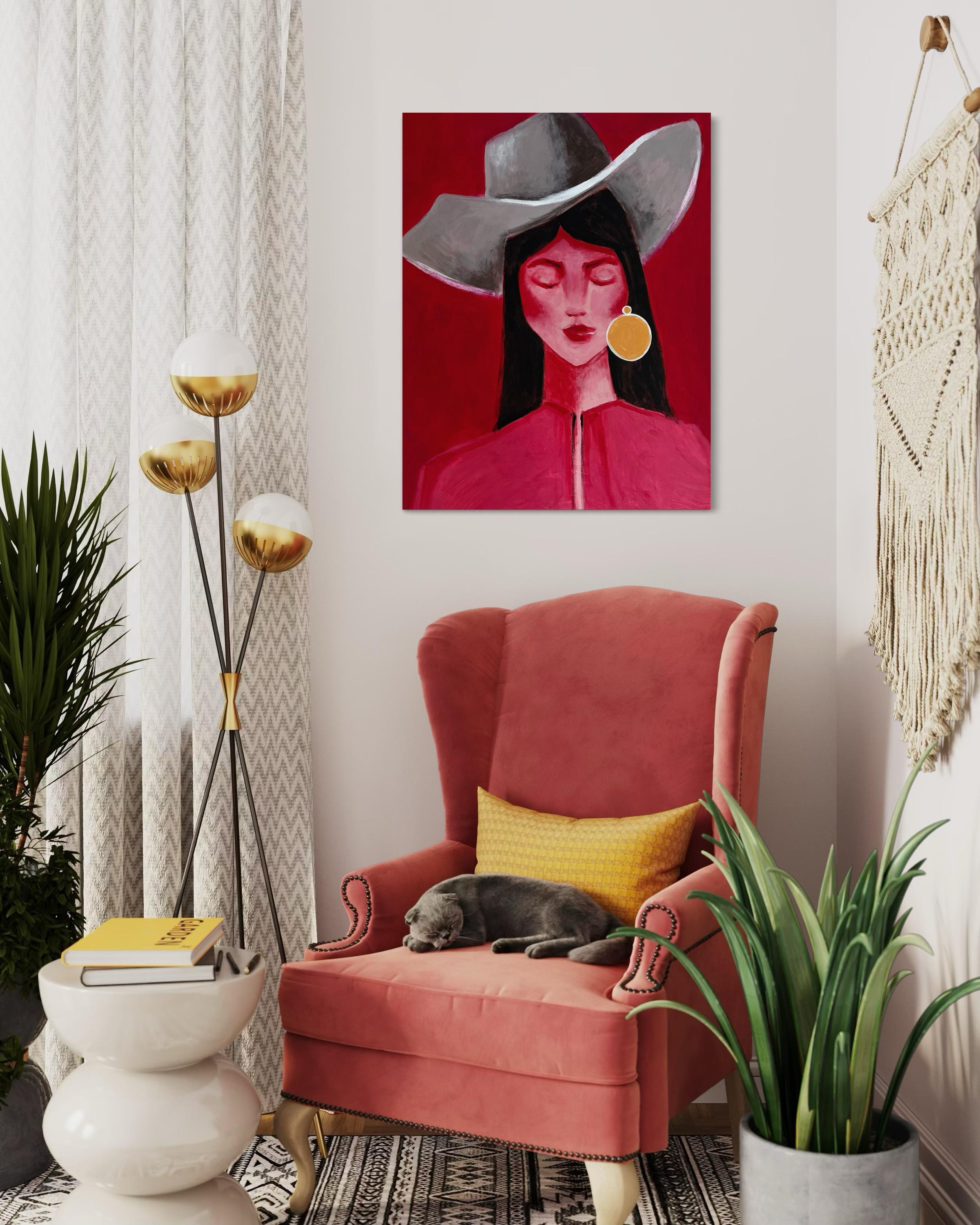 This dreamer appears to come from a world of her own invention: the hat, the closed eyes, the calm poise, the earring as a quiet emblem of play. She constructs herself outside of imposed identities. The painting celebrates imagination as a woman’s