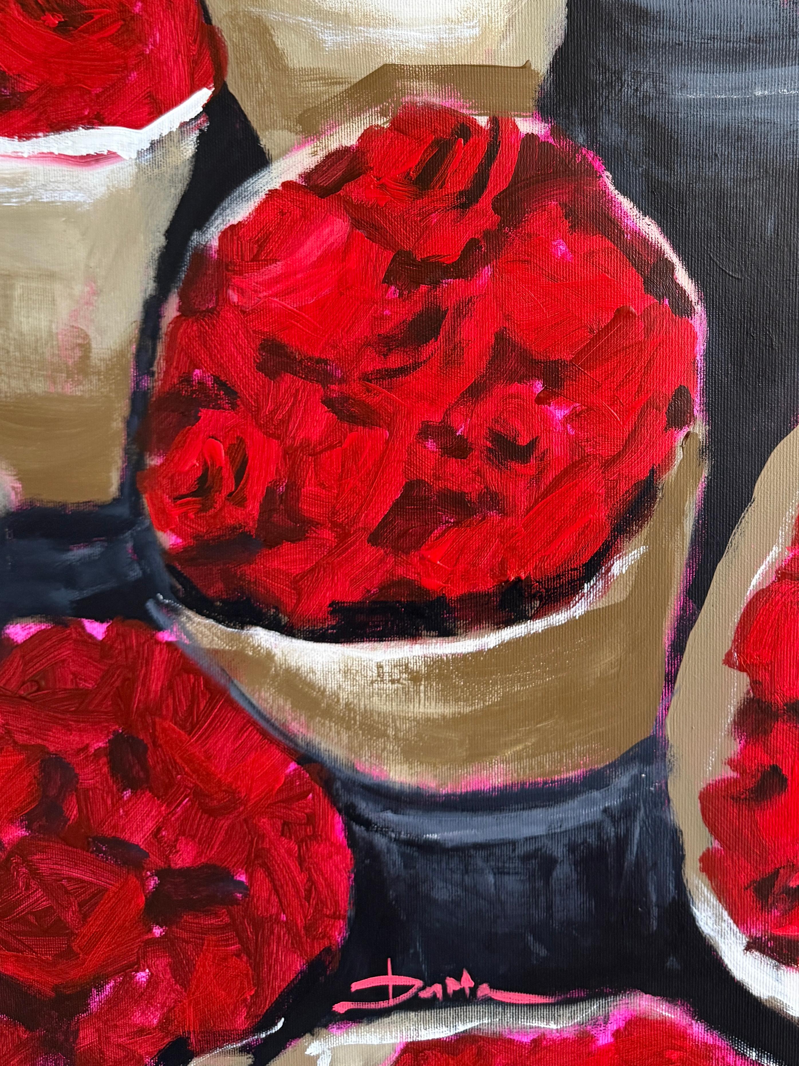 Der Love Market ist ein Ort des Überflusses und der Freude.
Ein weißer Hund sitzt inmitten von Rosenkörben und schaut den Betrachter direkt an, als wolle er fragen: 