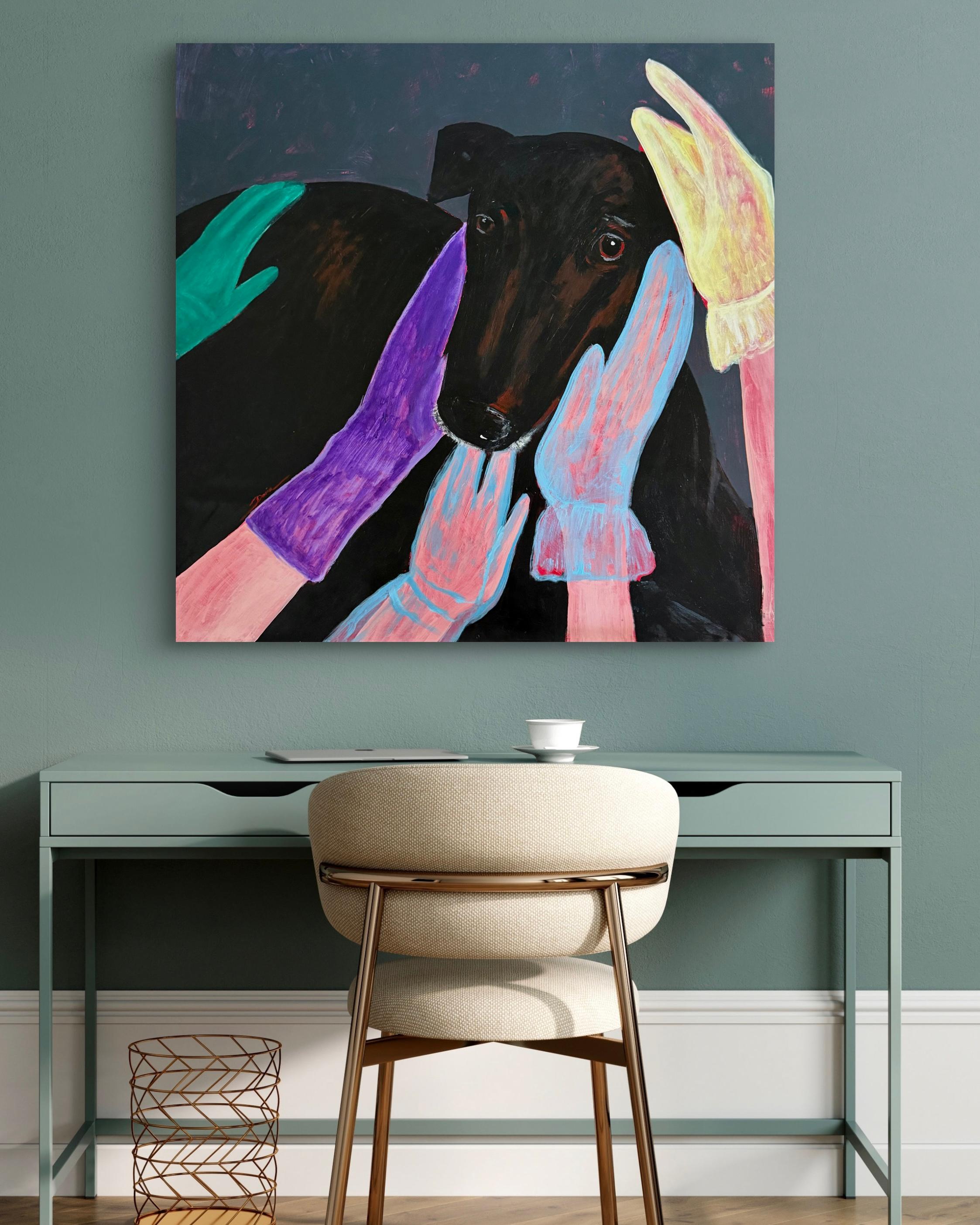 This work portrays the gentle act of reaching inward. Hands — symbolic extensions of the self — softly connect with the dog’s face. The animal remains still, receptive. Dasha paints a scene of emotional safety, where intimacy is formed not through