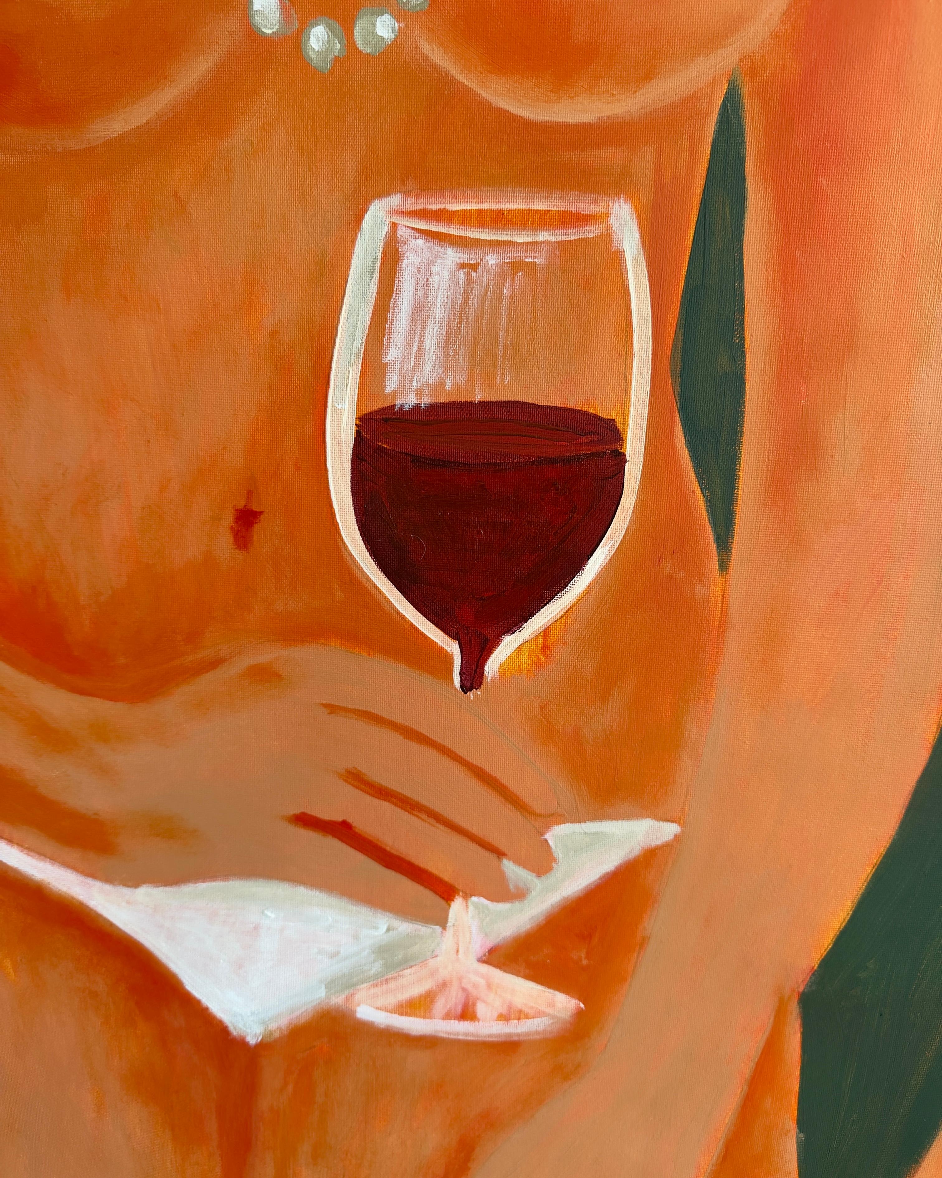 Wine and Lily - Orange Figurative Painting by Daria Okhrimenko