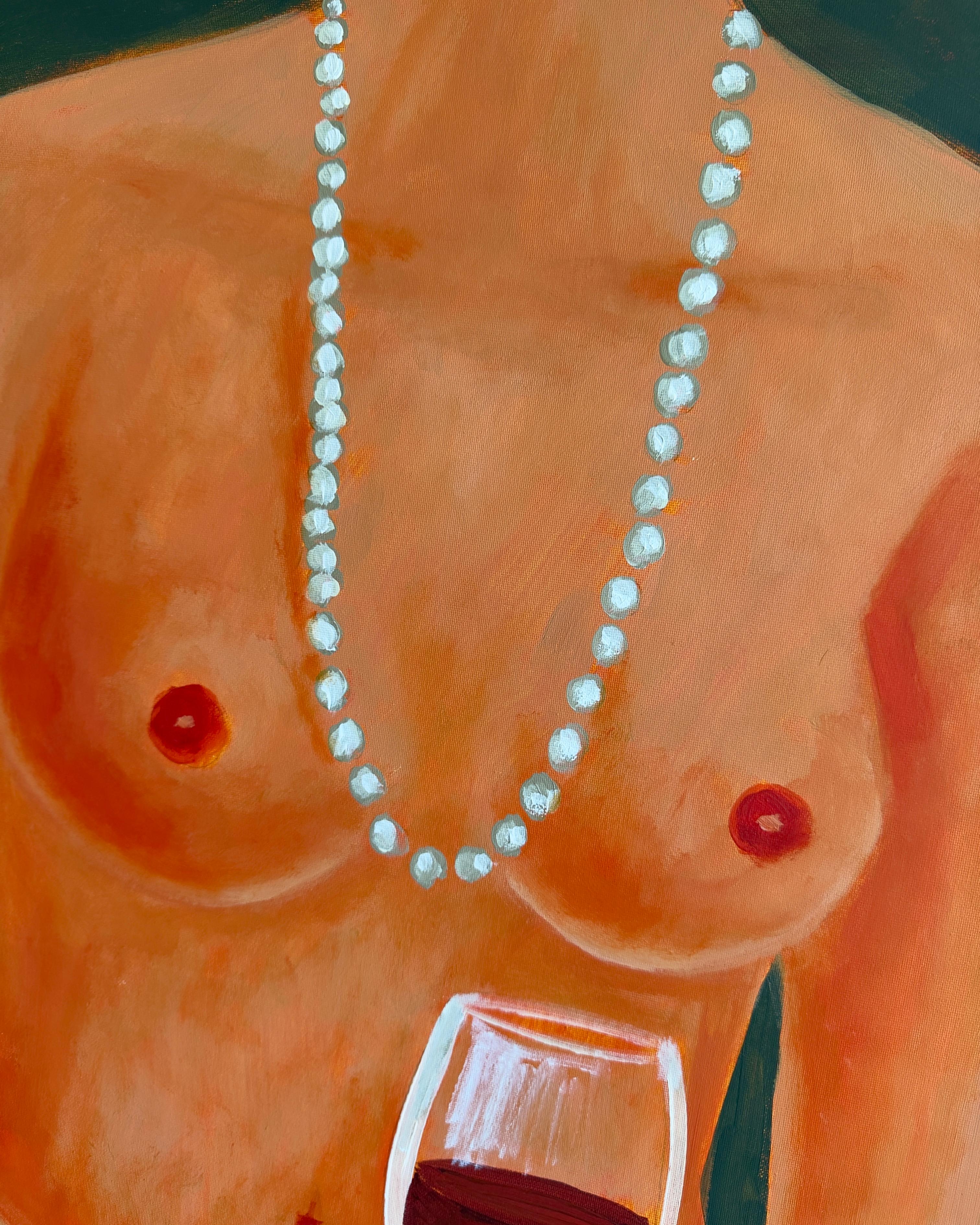 Daria presents two nude female figures, their gestures distilled into symbolic acts: one holds a glass of wine, the other a single flower. These objects function as signs of sensuality, autonomy, and ritualized presence. Stripped of facial identity,