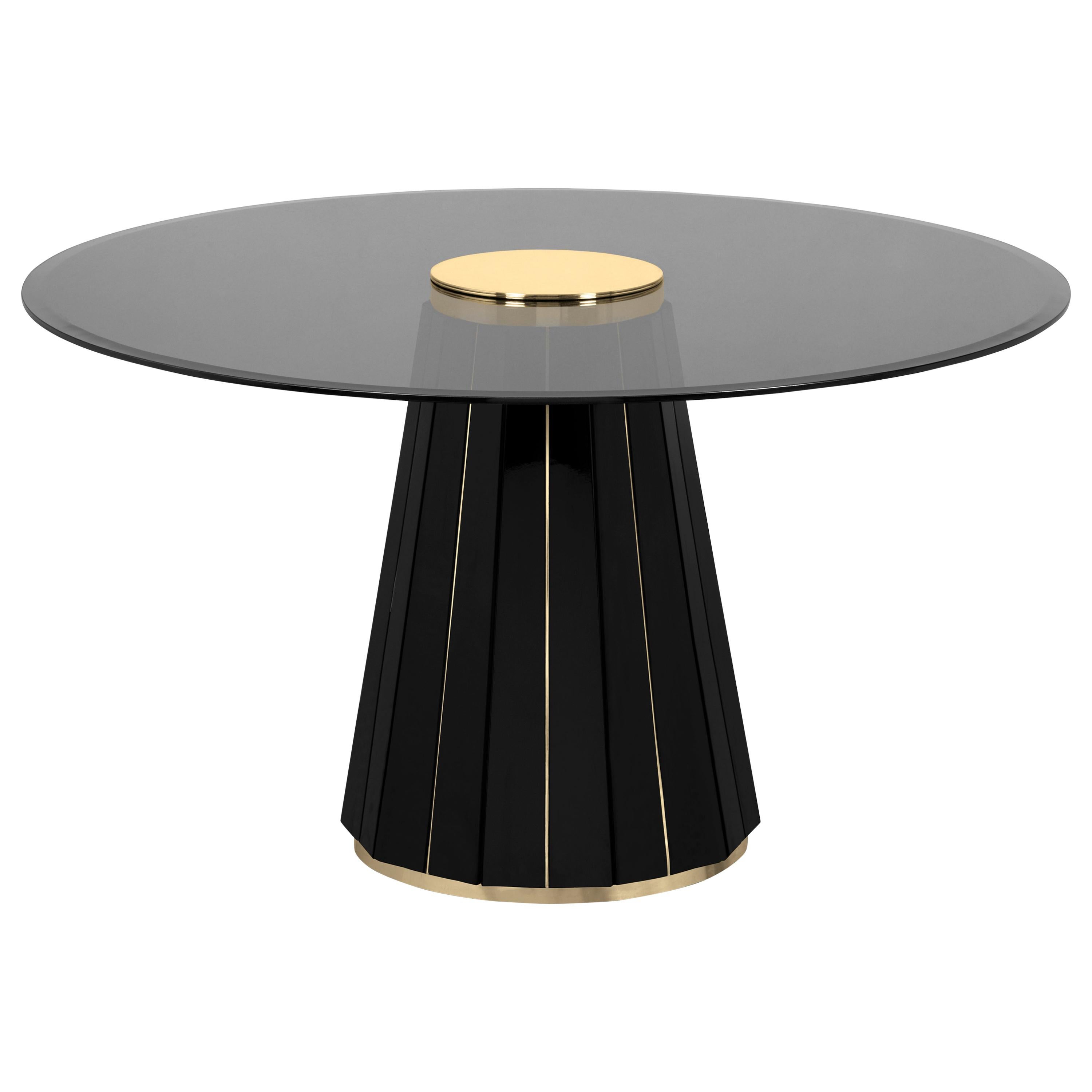 Darian Dining Table in Black Lacquer and Smoked Glass Top For Sale