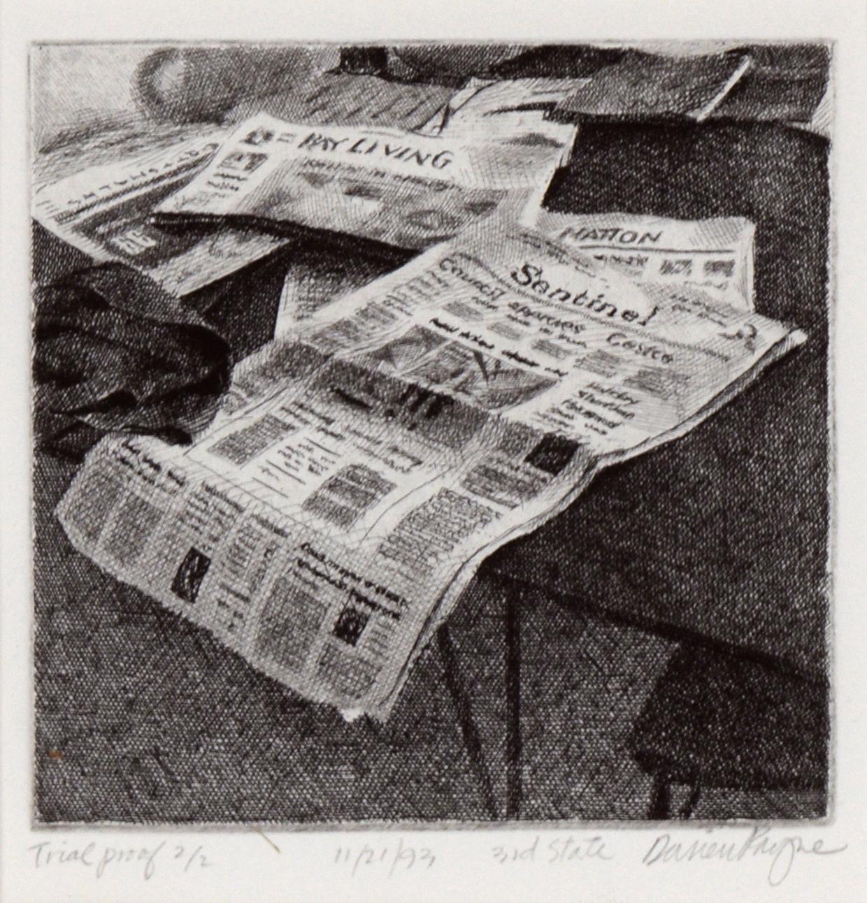 Newspapers on the Table - Miniature Still Life in Watercolor on Heavy Paper - Art by Darien Payne