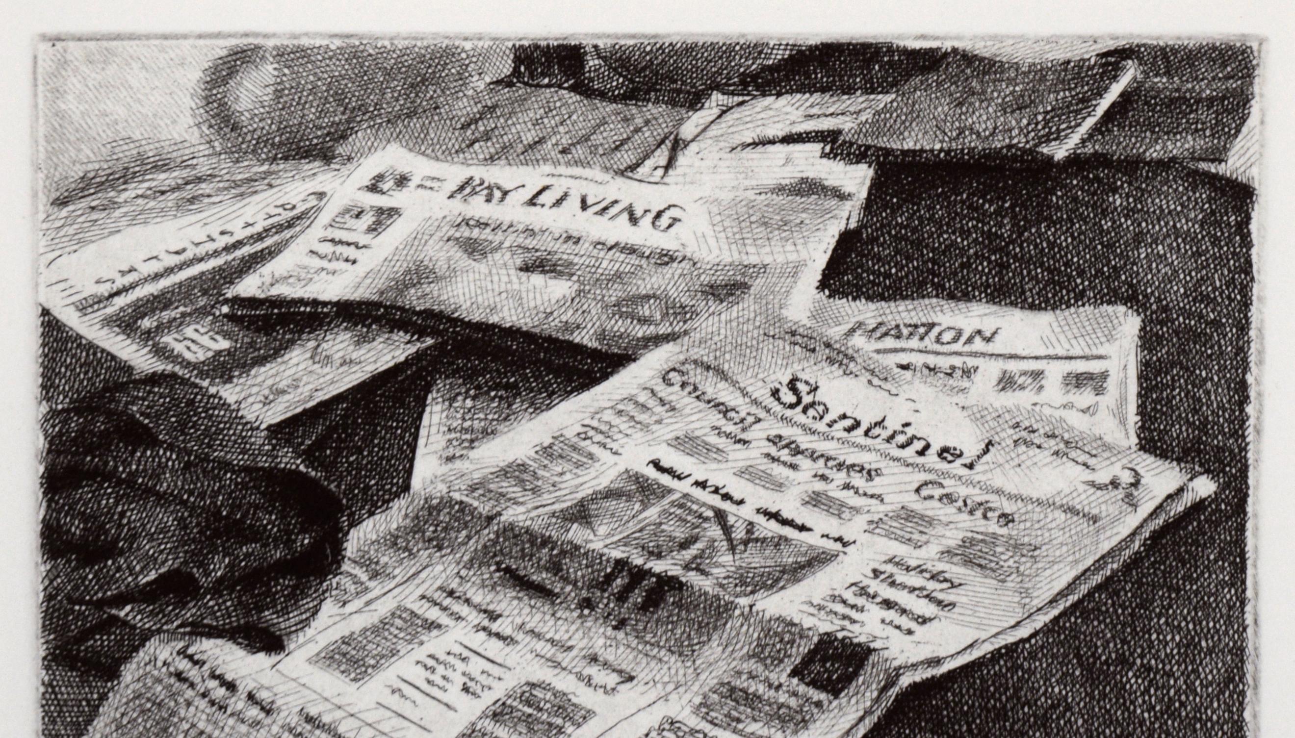 Newspapers on the Table - Miniature Still Life in Watercolor on Heavy Paper - Photorealist Art by Darien Payne