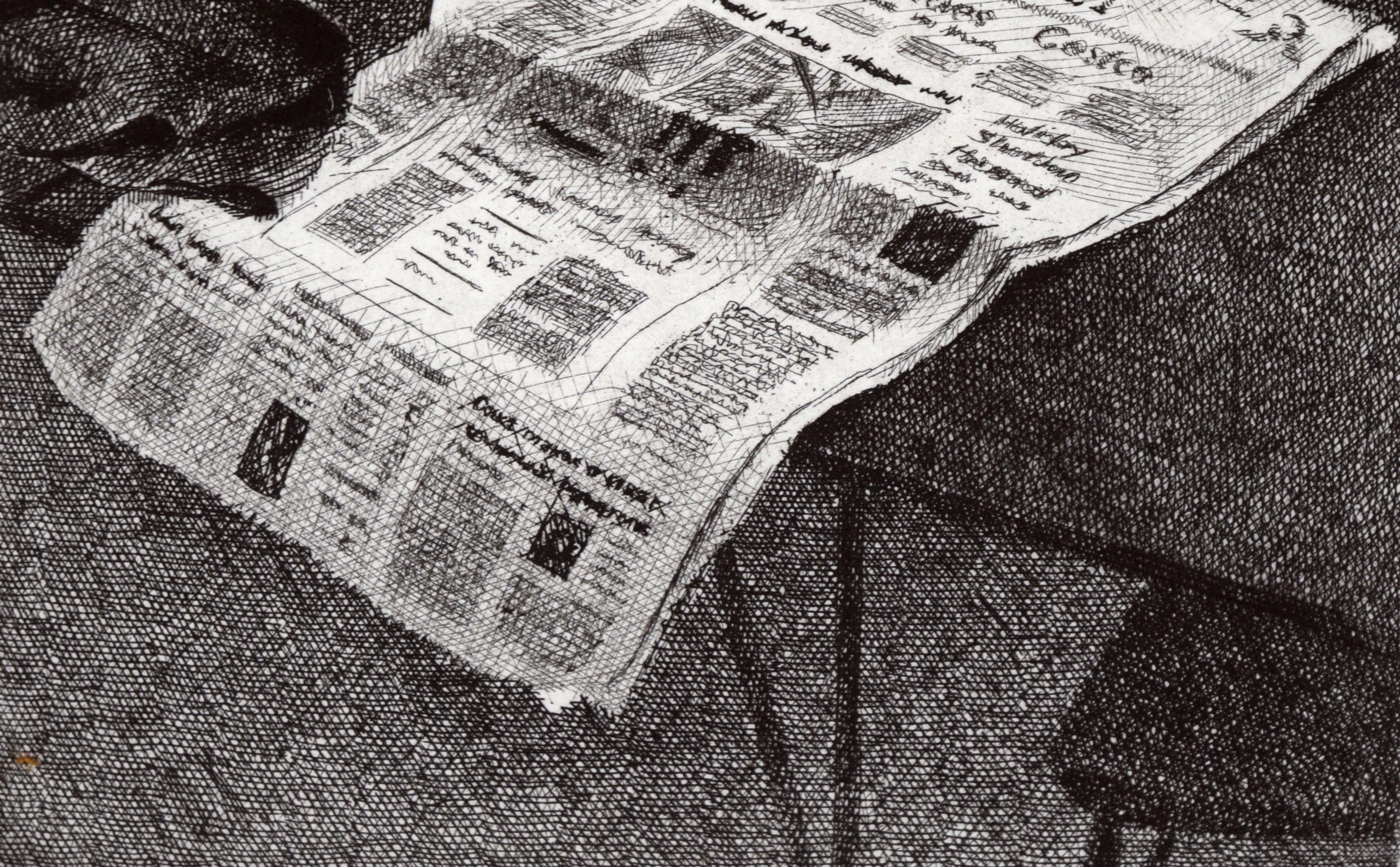 Newspapers on the Table - Miniature Still Life in Watercolor on Heavy Paper - Beige Still-Life by Darien Payne