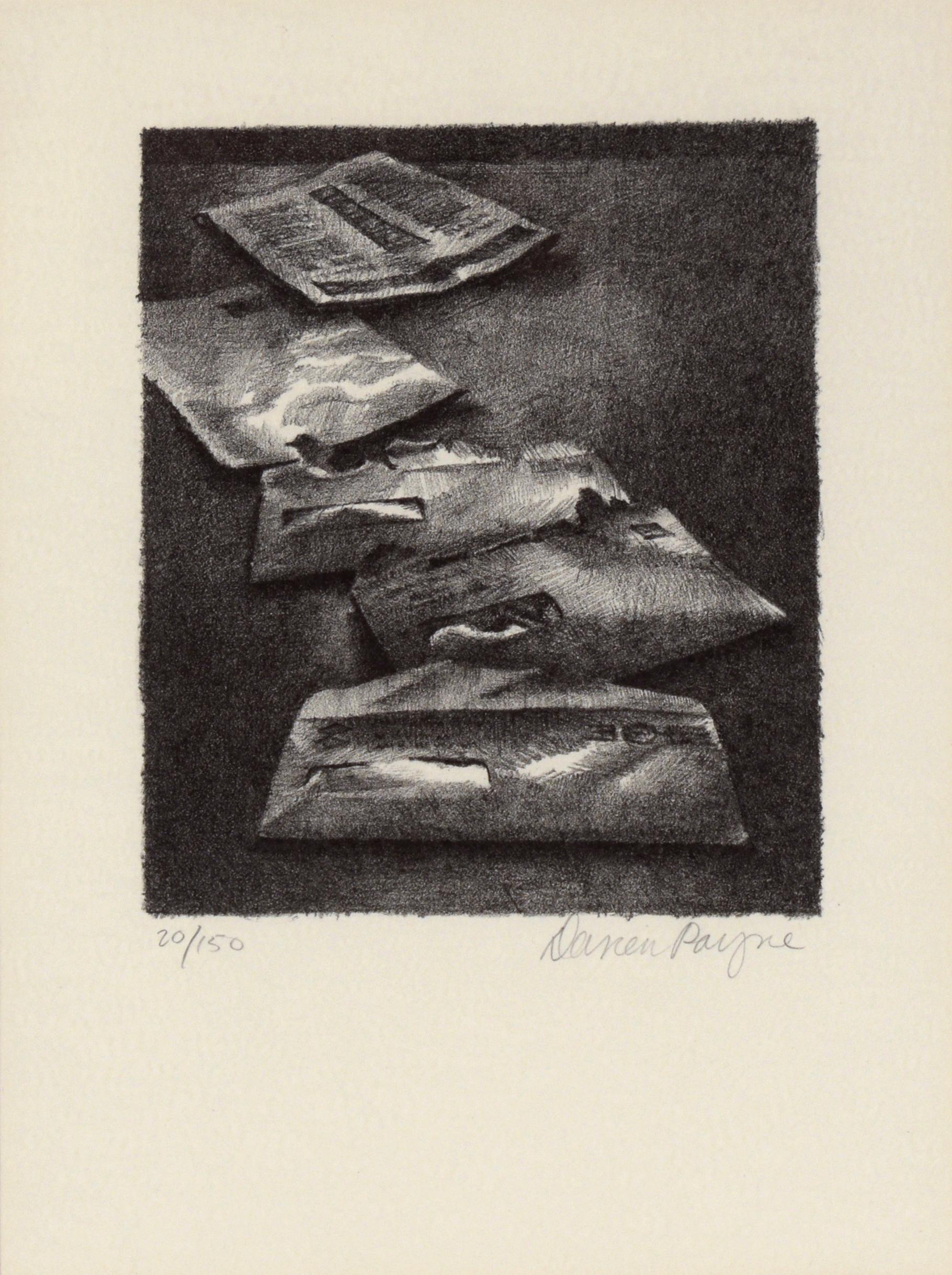 Newspapers on the Table - Still Life Etching on Heavy Paper - Print by Darien Payne