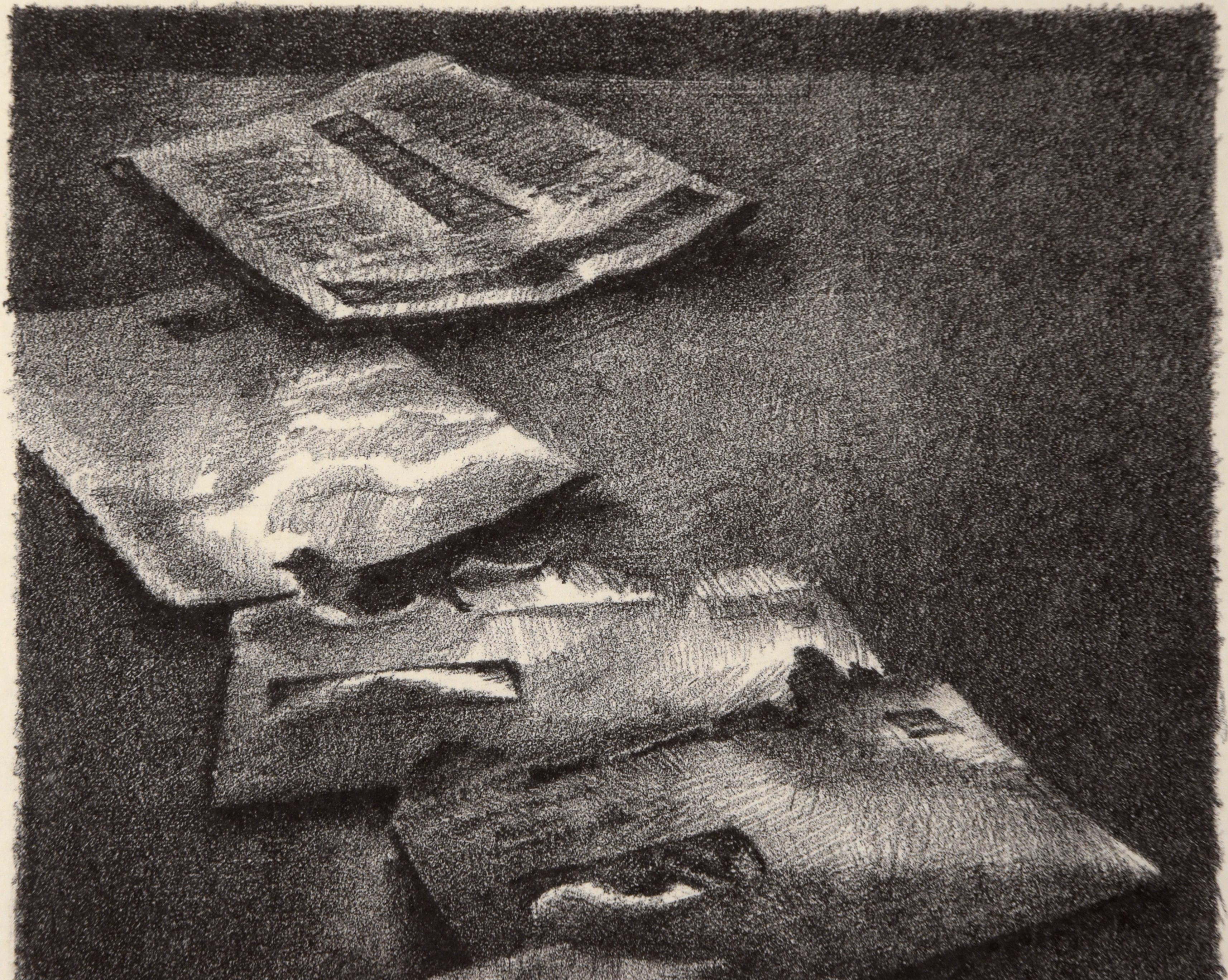 Newspapers on the Table - Still Life Etching on Heavy Paper - Photorealist Print by Darien Payne