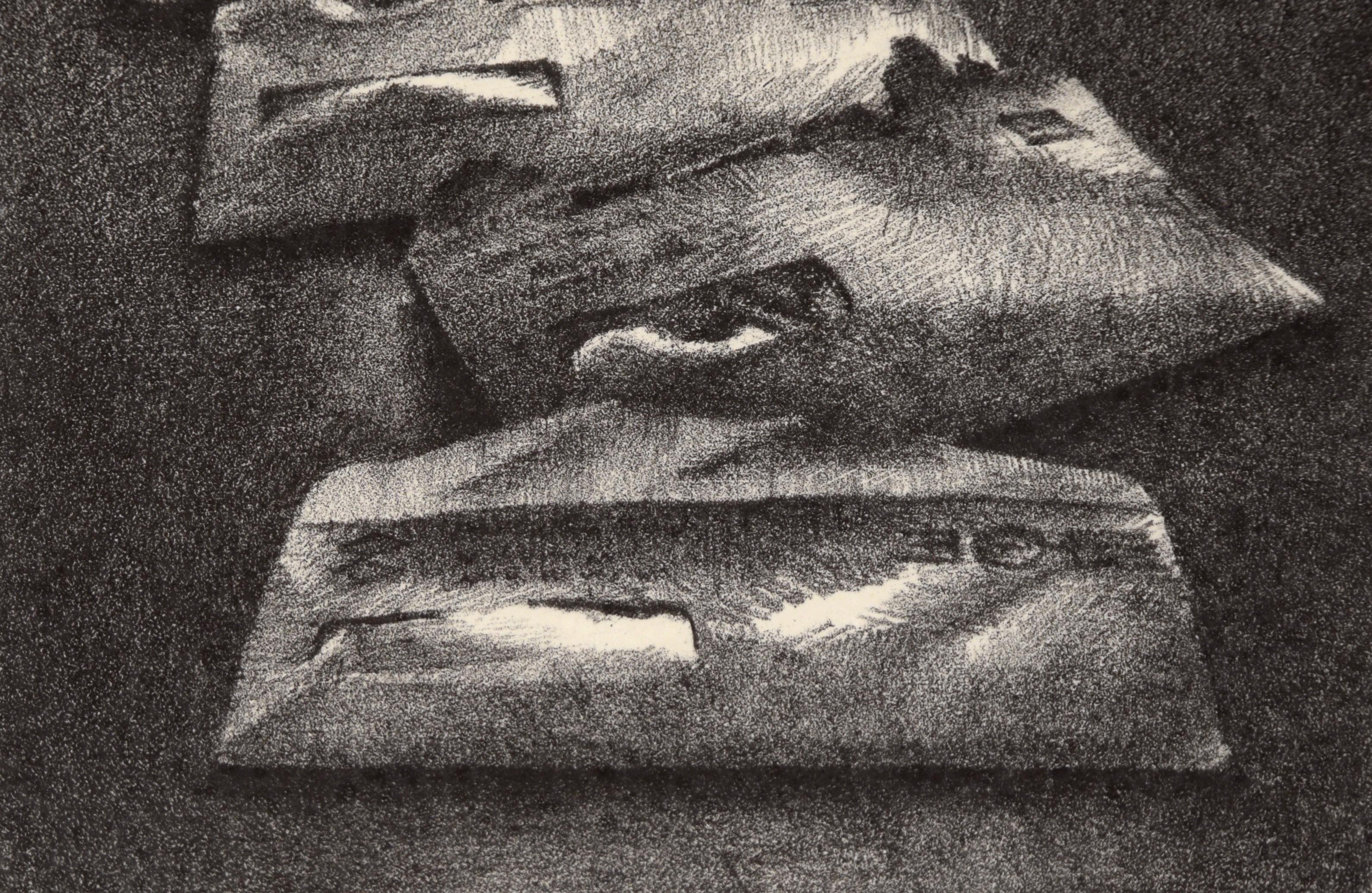 Newspapers on the Table - Still Life Etching on Heavy Paper - Beige Interior Print by Darien Payne