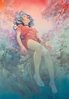 Duality Painting of Woman Among Ethereal Trees, Dreamlike Atmosphere