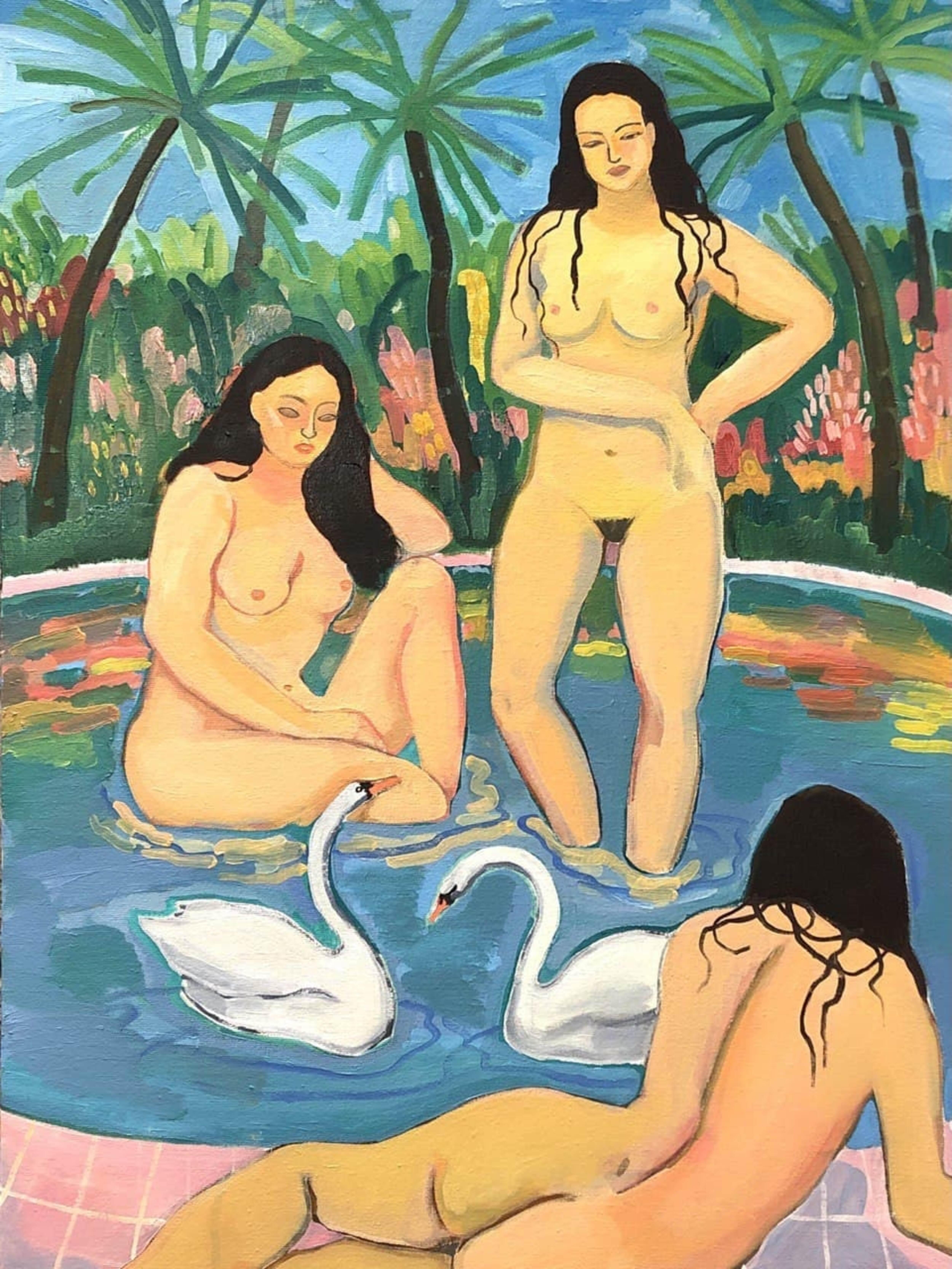 Darika Bakeeva Figurative Painting - Girls by the pool, 70x50cm
