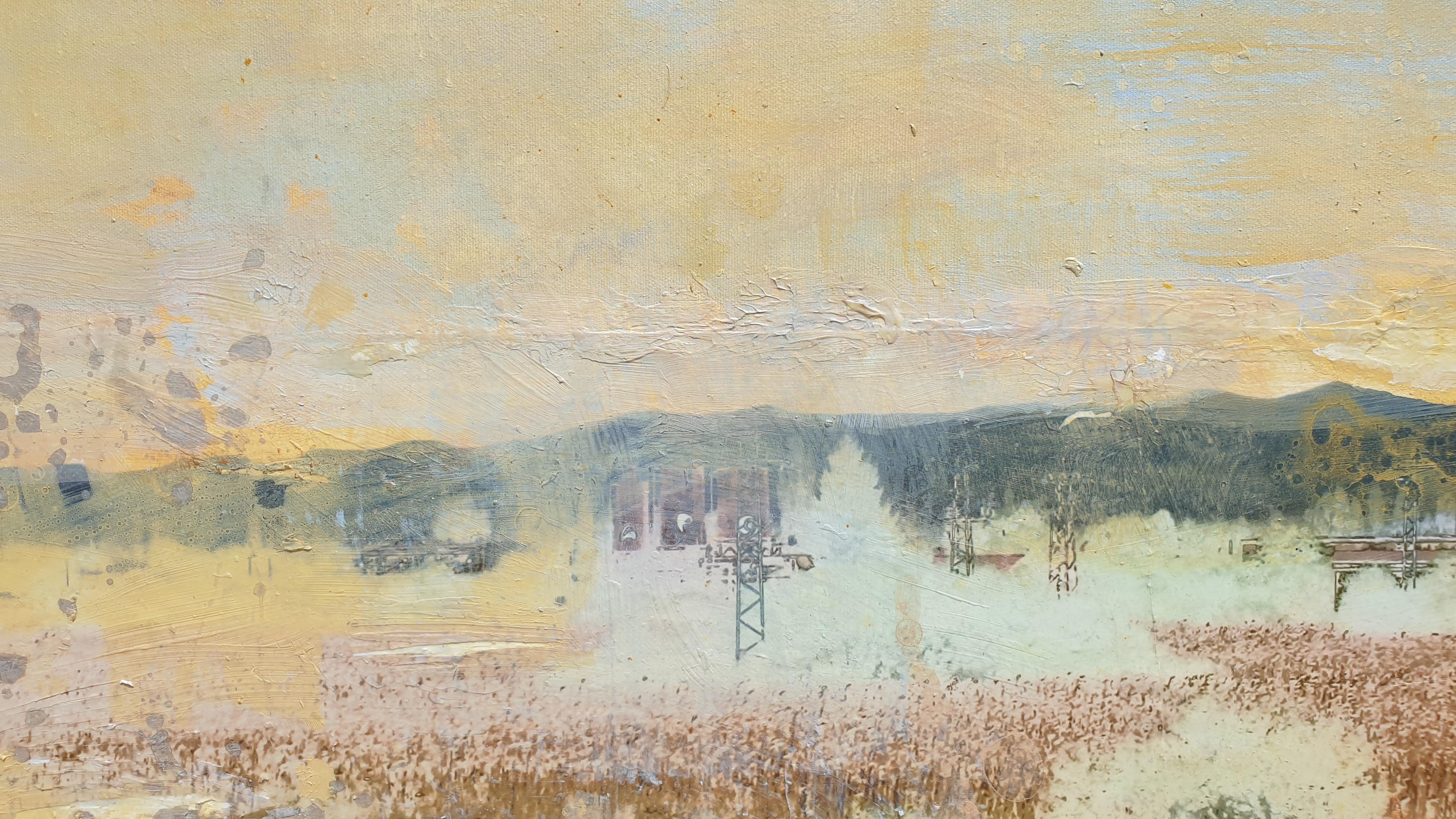 On The Road I - Abstraktes Ölgemälde in den Farben Gelb, Grau, Grün und Weiß – Painting von Darina Zlatareva