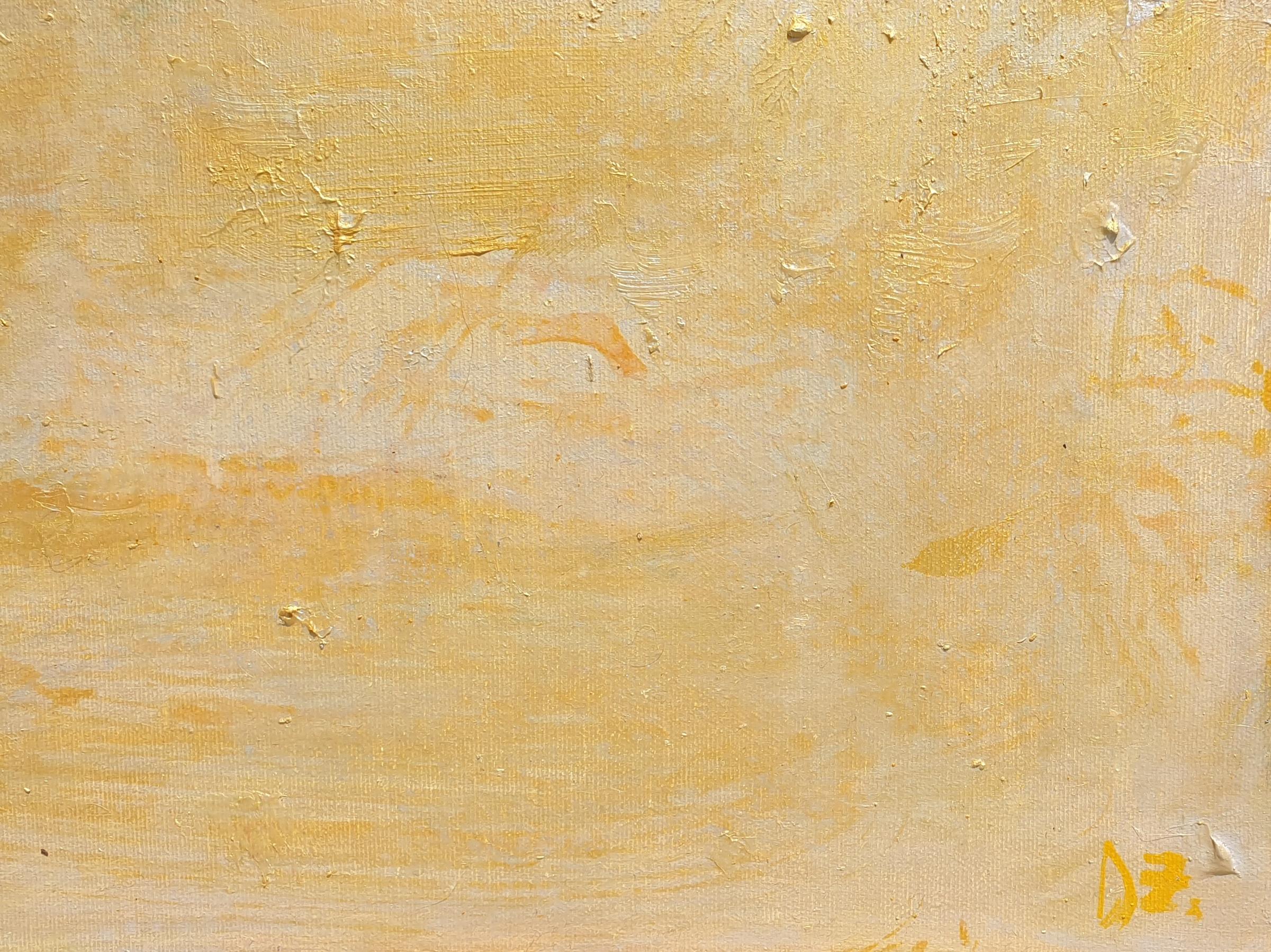 On The Road I - Abstraktes Ölgemälde in den Farben Gelb, Grau, Grün und Weiß (Beige), Abstract Painting, von Darina Zlatareva