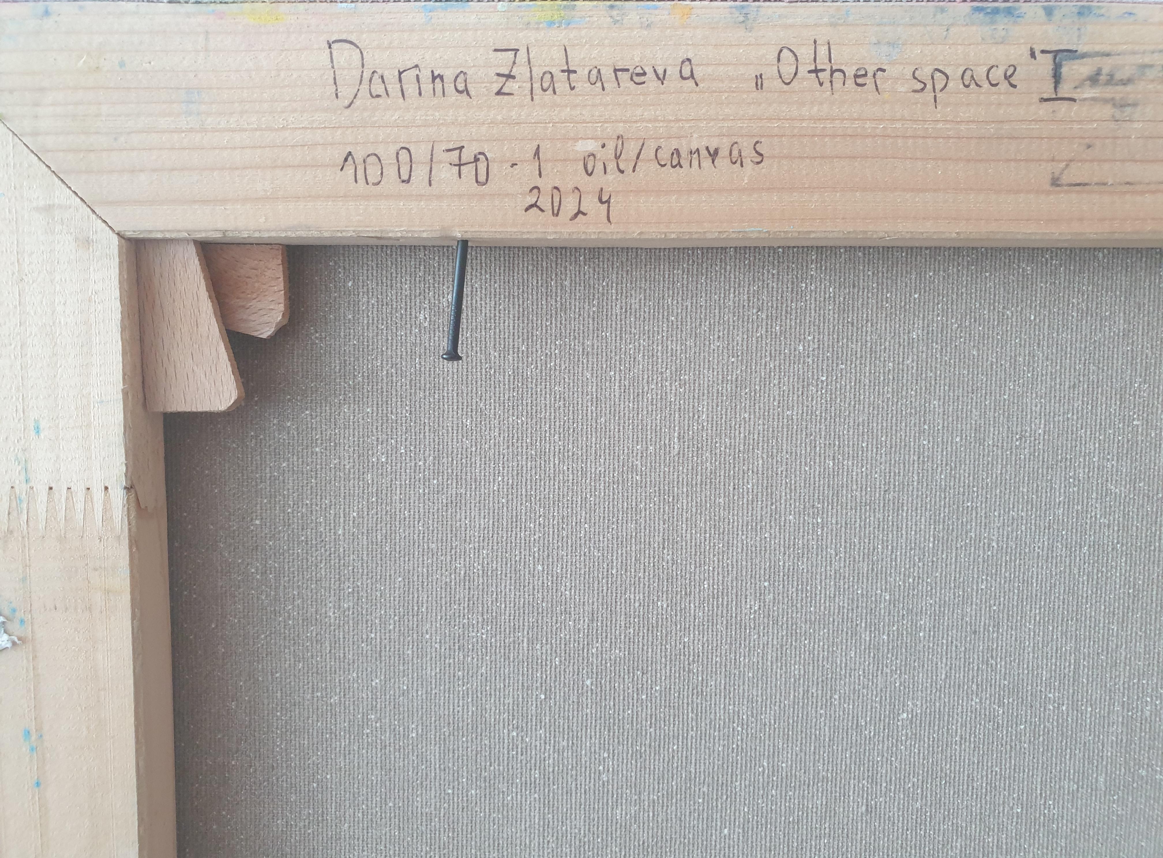 Other Space I - Pittura ad olio astratta Colori Giallo Grigio Verde Bianco Blu - Painting di Darina Zlatareva
