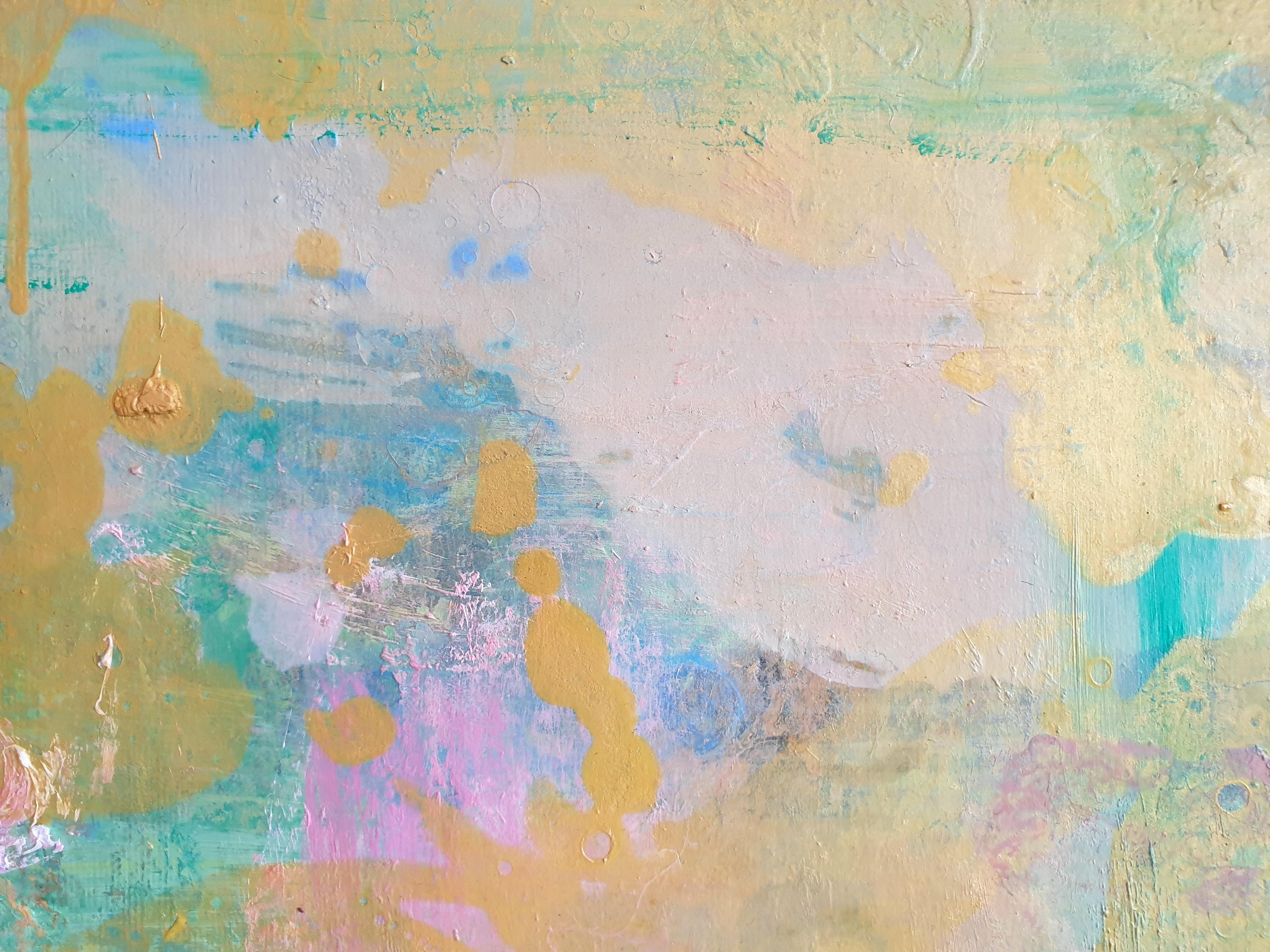 Other Space II - Pittura ad olio astratta Colori Giallo Grigio Verde Bianco Blu - Painting di Darina Zlatareva