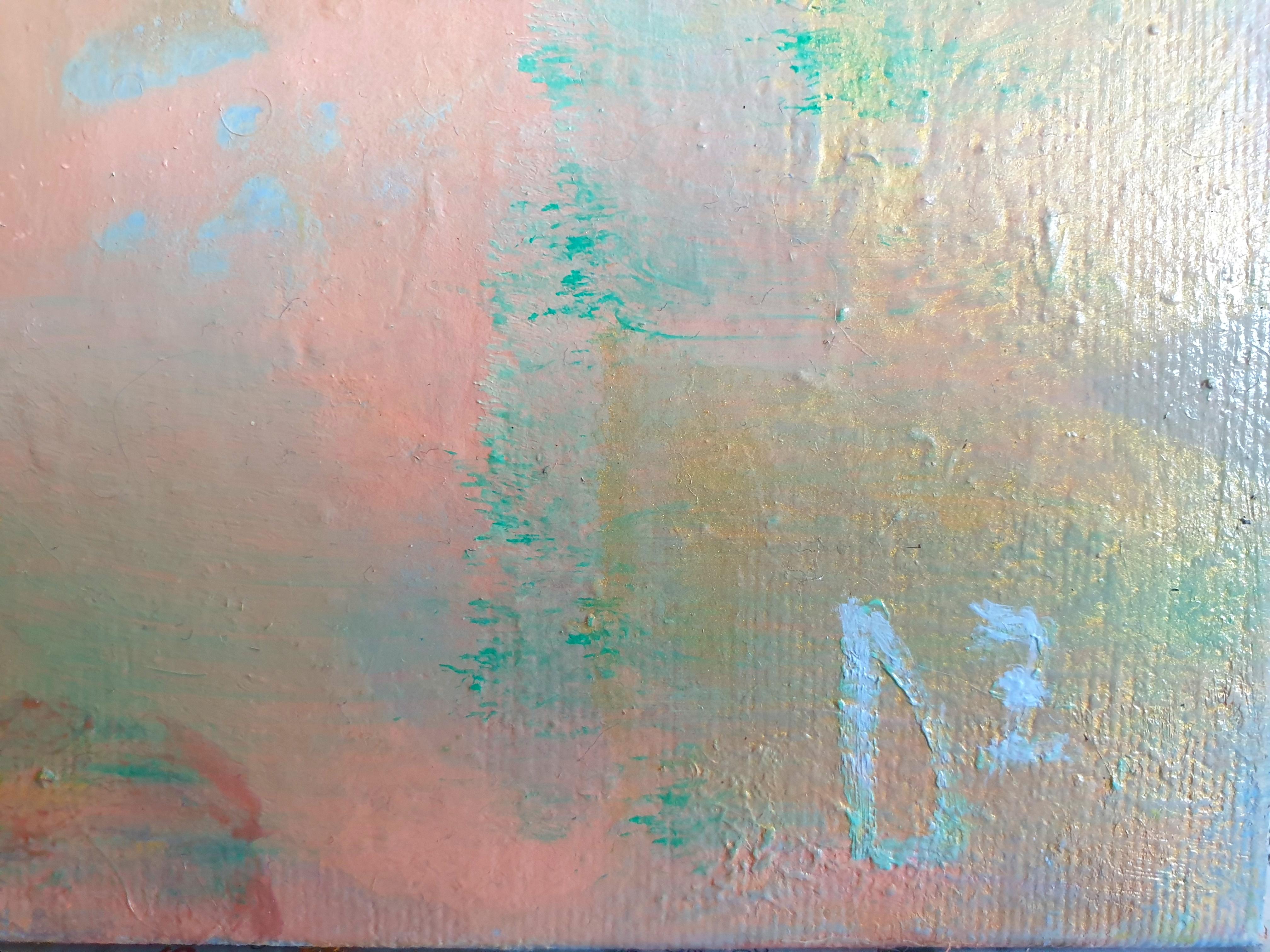 Other Space II - Pittura ad olio astratta Colori Giallo Grigio Verde Bianco Blu - Painting Astratto di Darina Zlatareva