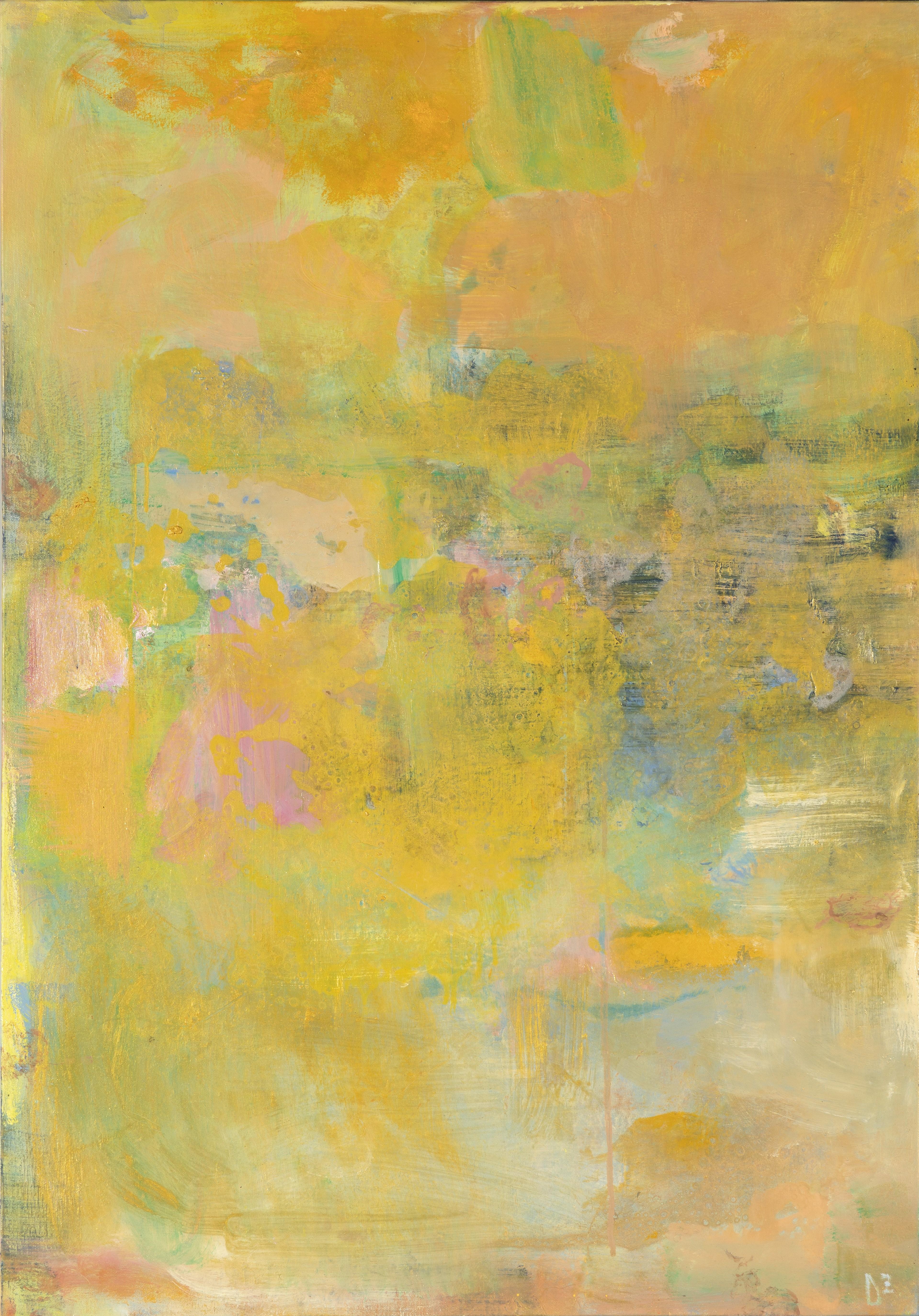 Abstract Painting di Darina Zlatareva - Other Space II - Pittura ad olio astratta Colori Giallo Grigio Verde Bianco Blu