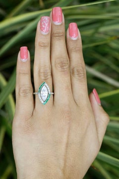 Daring Art Deco Marquise Diamond Emerald Engagement Ring Vintage 1 3/4 Ct Center