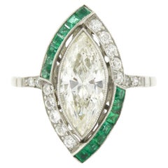 Daring Art Deco Marquise Diamond Emerald Engagement Ring Vintage 1 3/4 Ct Center