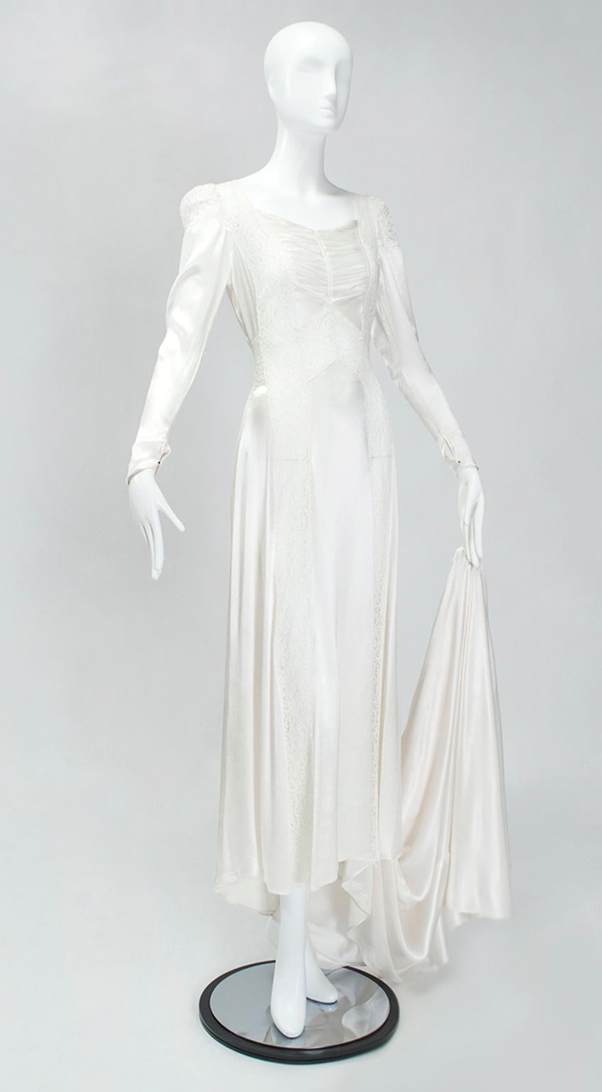 Gray Nearly Naked White Satin Deco Wedding Gown w Transparent Lace Panels - XS, 1930s For Sale