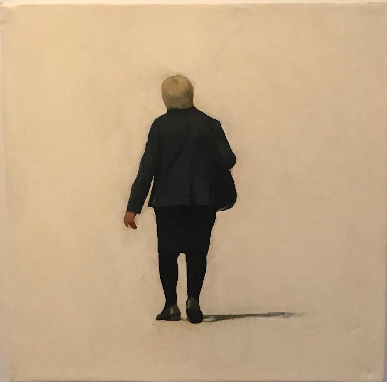 Portrait figuratif Dario Agrimi Bianco, femme en train de marcher, peinture à l'huile, noir et blanc