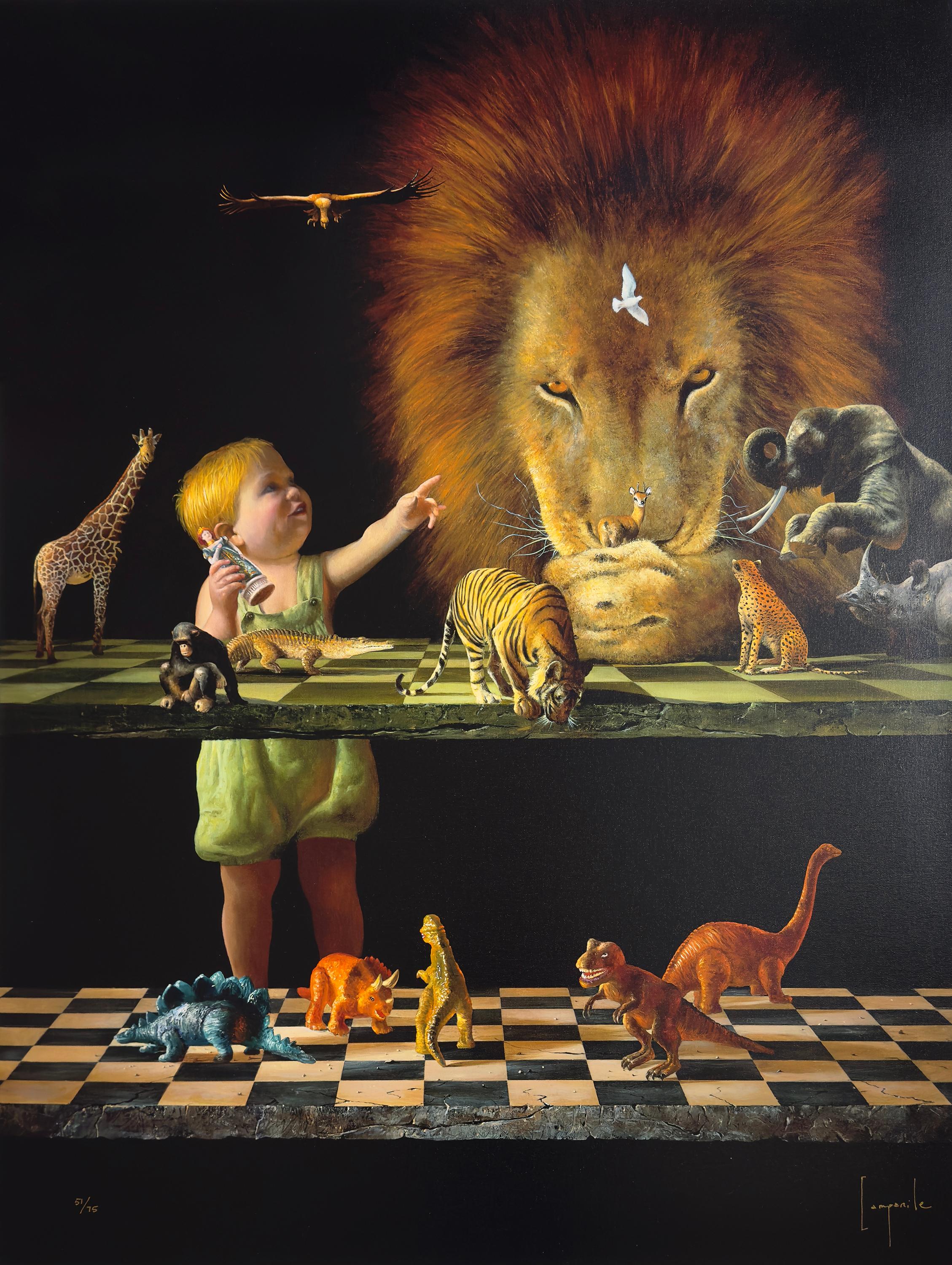 Dario Campanile’s Your Move (1999) is a layered and symbolic painting that explores humanity’s critical role in environmental preservation and extinction. At its center is a child—representing the next generation—poised to make a decision through a