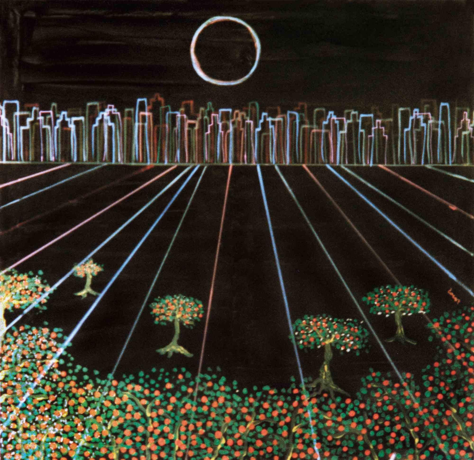 ESTA OBRA (R:0345) de 1987 titulada "Ciudad contra la naturaleza" representa la cementificación del territorio, necesaria para construir edificios de gran altura, que implica la desertización simbolizada por el negro, ¡color de la muerte! Fuera de